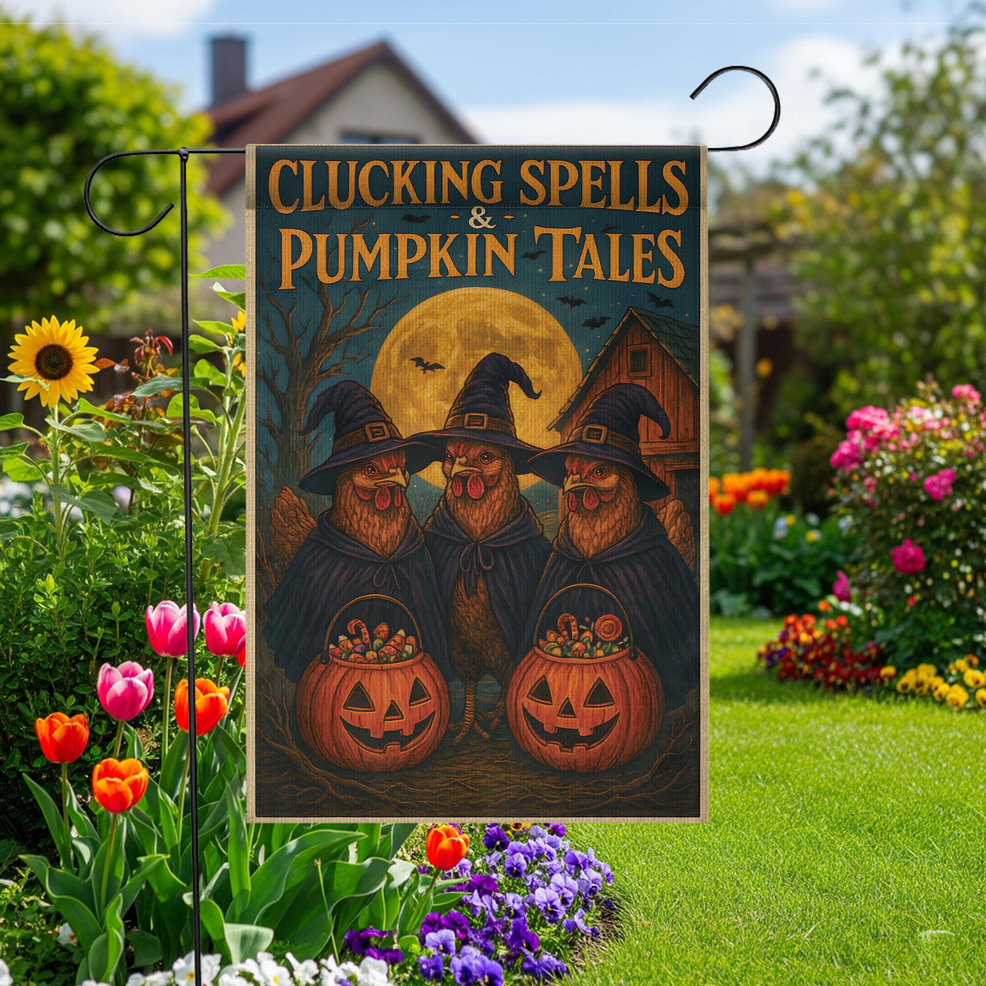 Clucking Spells and Pumpkin Tales Halloween Garden Flag | Witch Chickens in Witch Hats & Jack‑o‑Lantern Decor