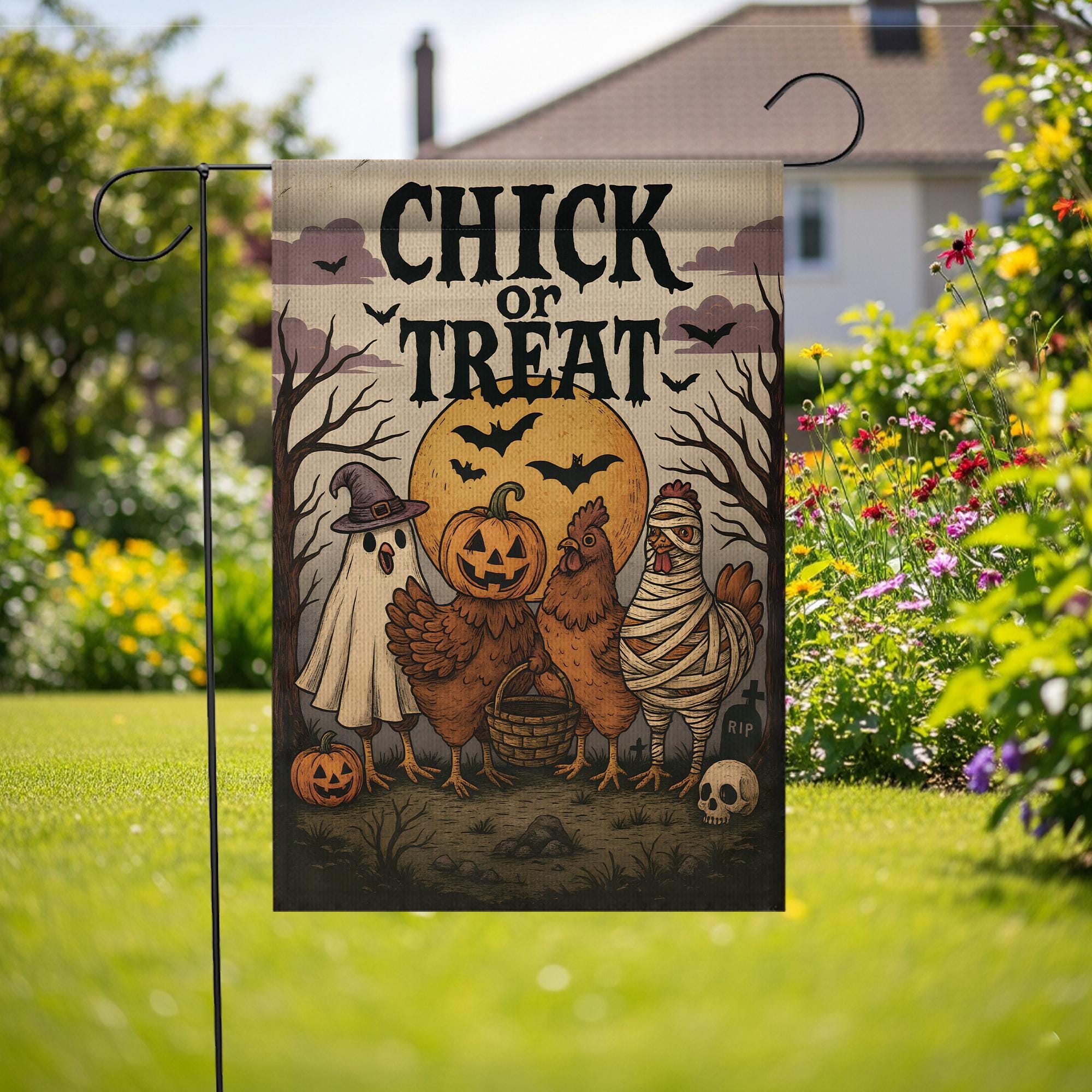 Chick or Treat Halloween Garden Flag | Funny Chicken Trio, Ghost & Pumpkin Decor
