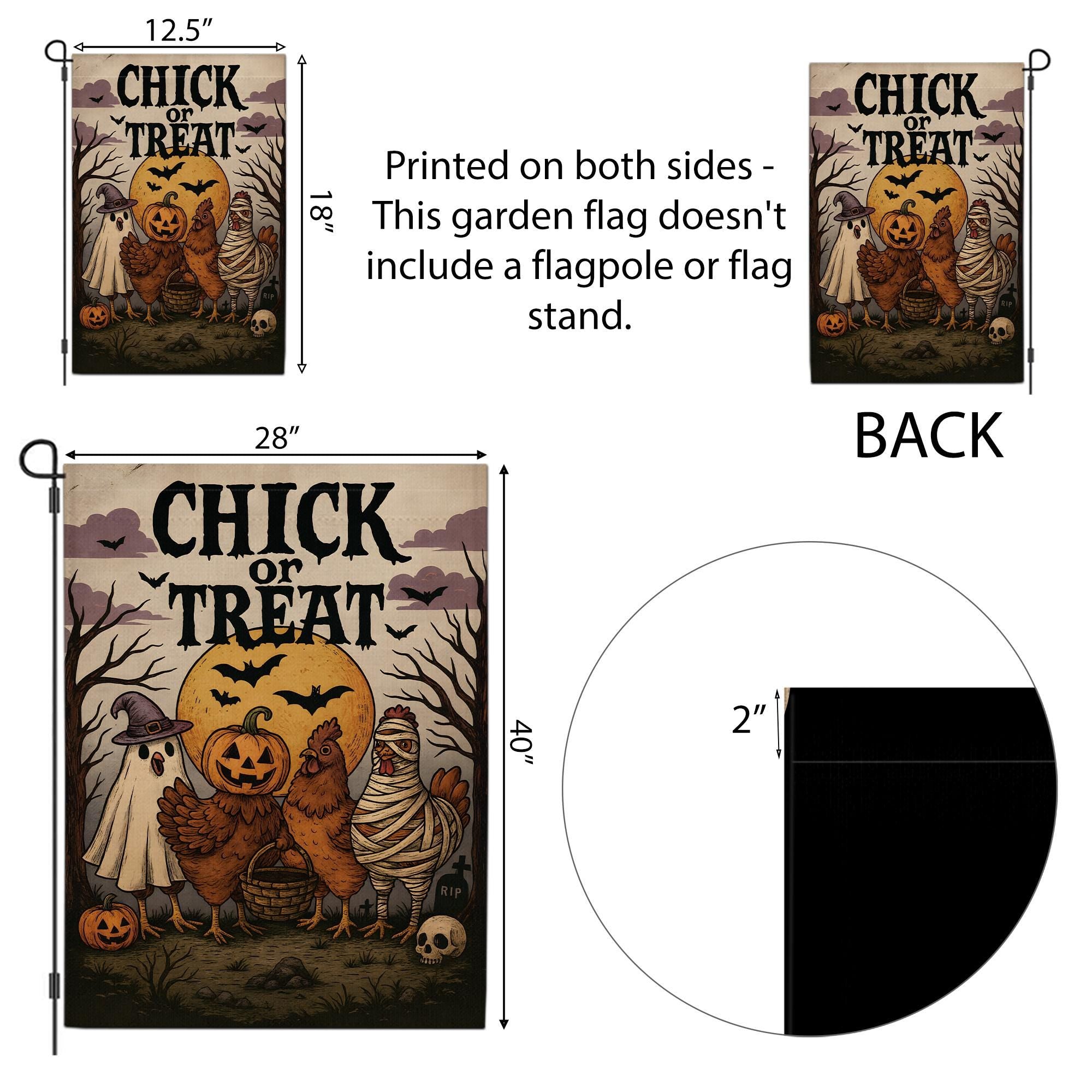 Chick or Treat Halloween Garden Flag | Funny Chicken Trio, Ghost & Pumpkin Decor