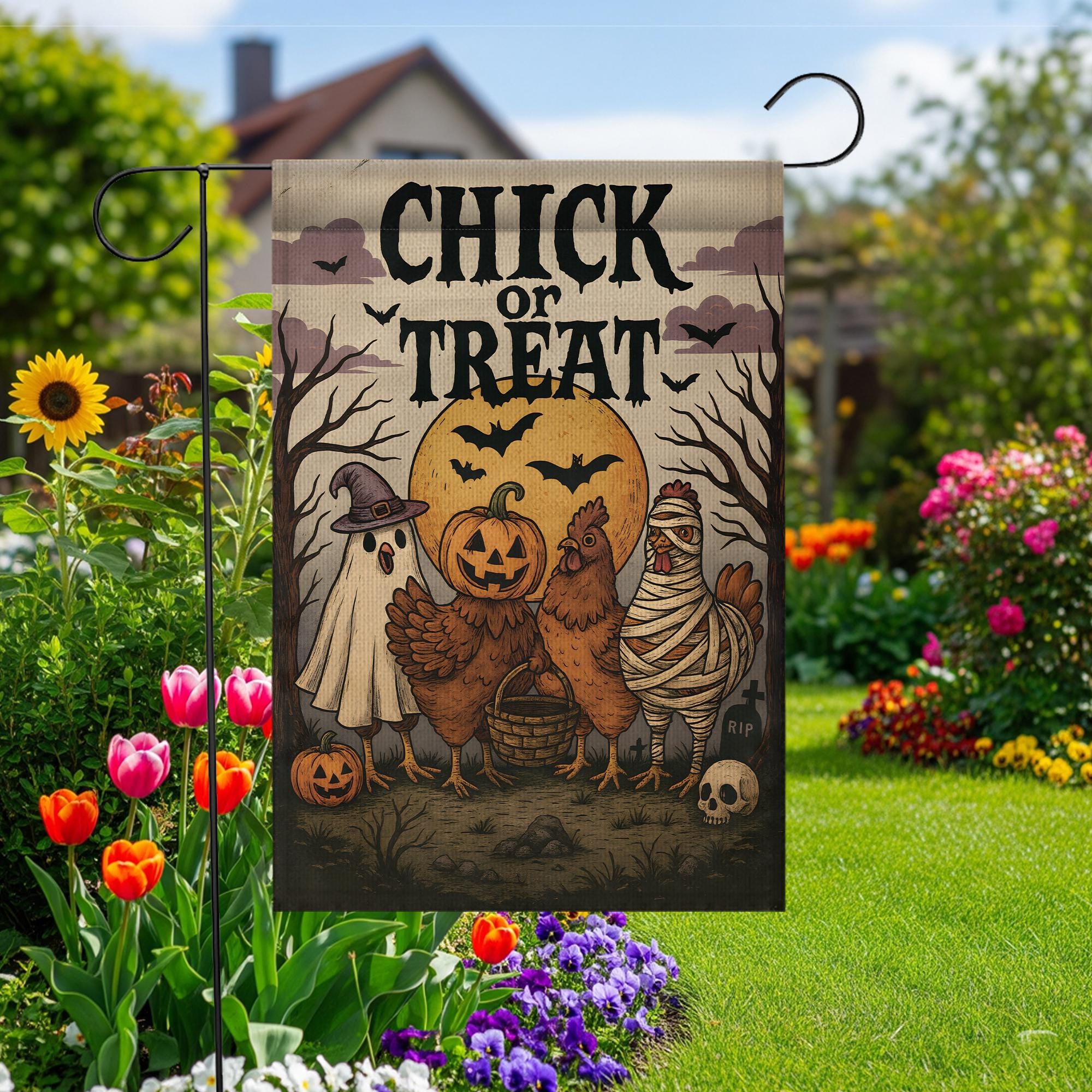 Chick or Treat Halloween Garden Flag | Funny Chicken Trio, Ghost & Pumpkin Decor