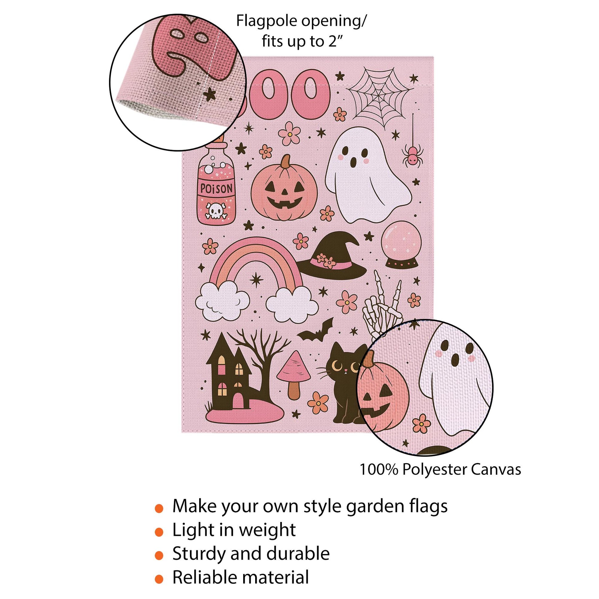 Pastel Cute Halloween “BOO” Garden Flag | Ghost Pumpkin Cat Witch Hat Decor