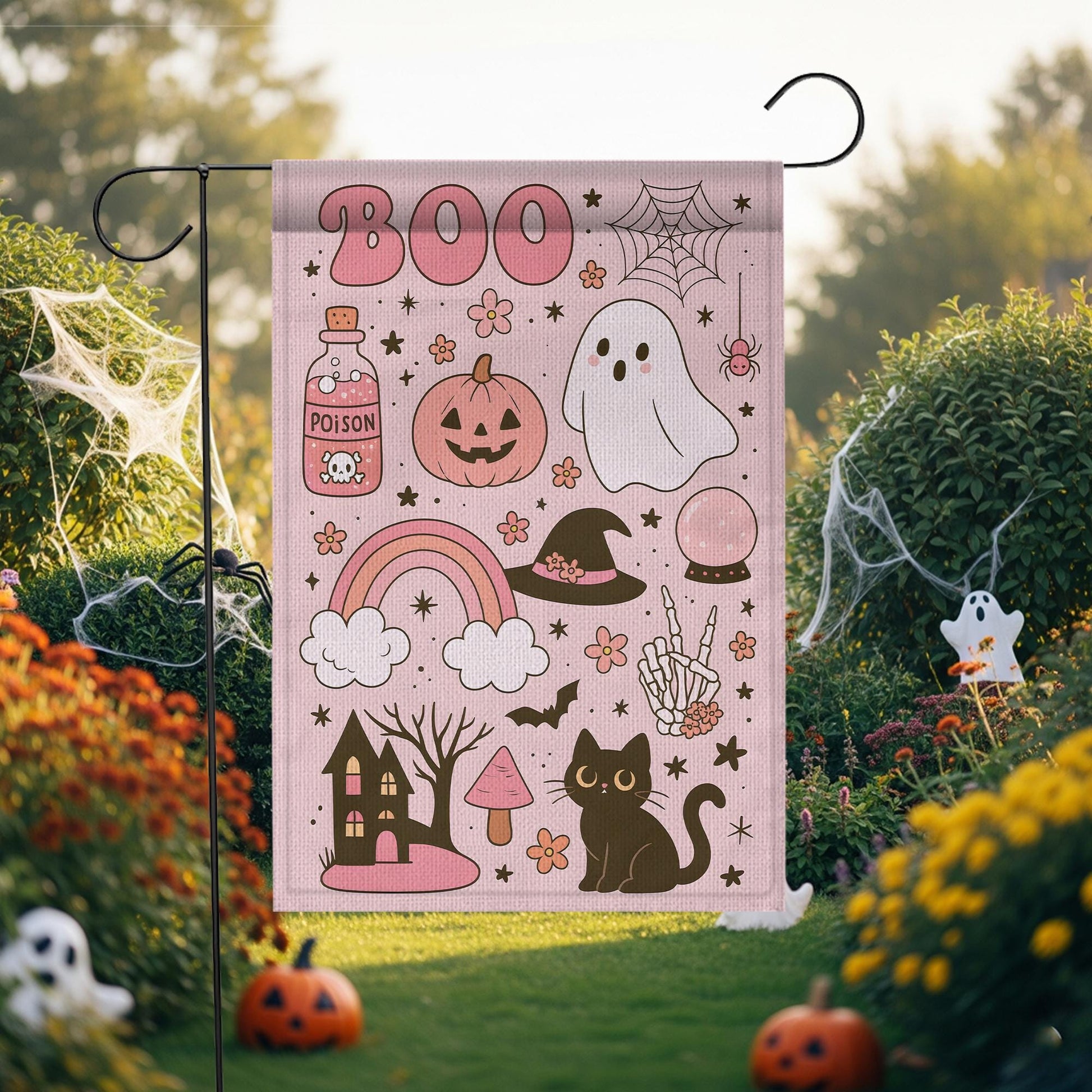 Pastel Cute Halloween “BOO” Garden Flag | Ghost Pumpkin Cat Witch Hat Decor