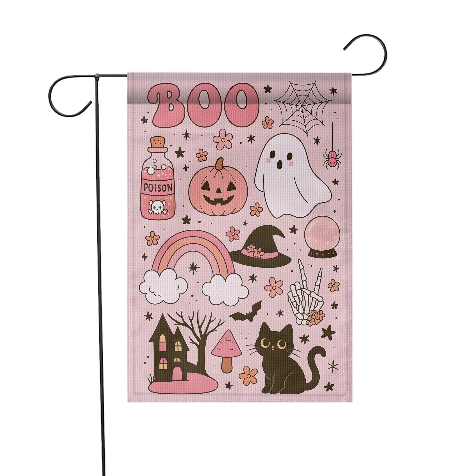 Pastel Cute Halloween “BOO” Garden Flag | Ghost Pumpkin Cat Witch Hat Decor