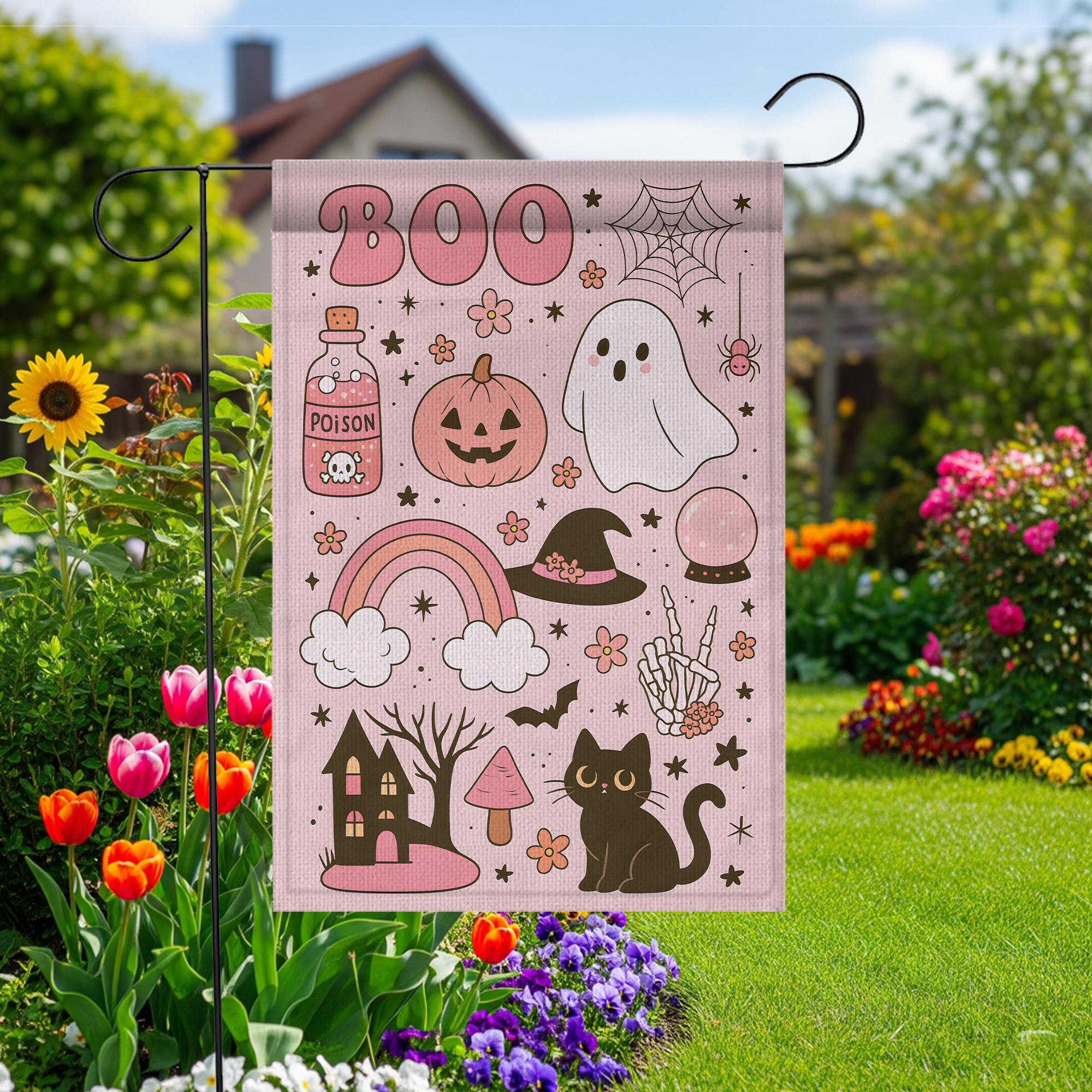 Pastel Cute Halloween “BOO” Garden Flag | Ghost Pumpkin Cat Witch Hat Decor