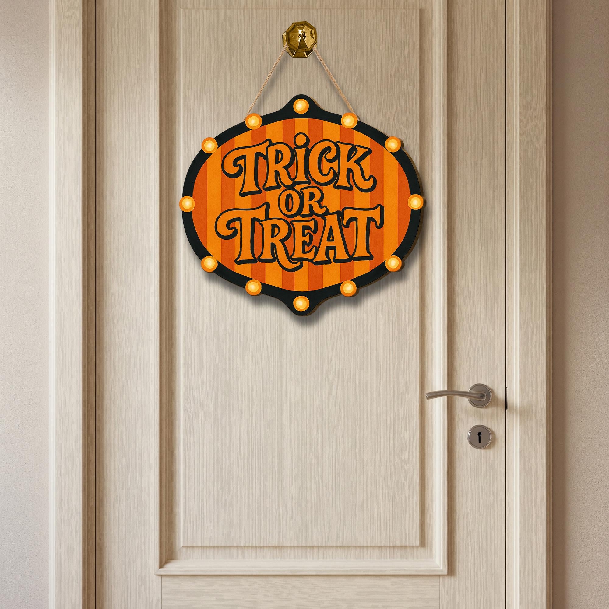 Trick or Treat Door Sign – Light-Up Halloween Hanging Decor for Porch, Front Door, or Indoor Wall Display
