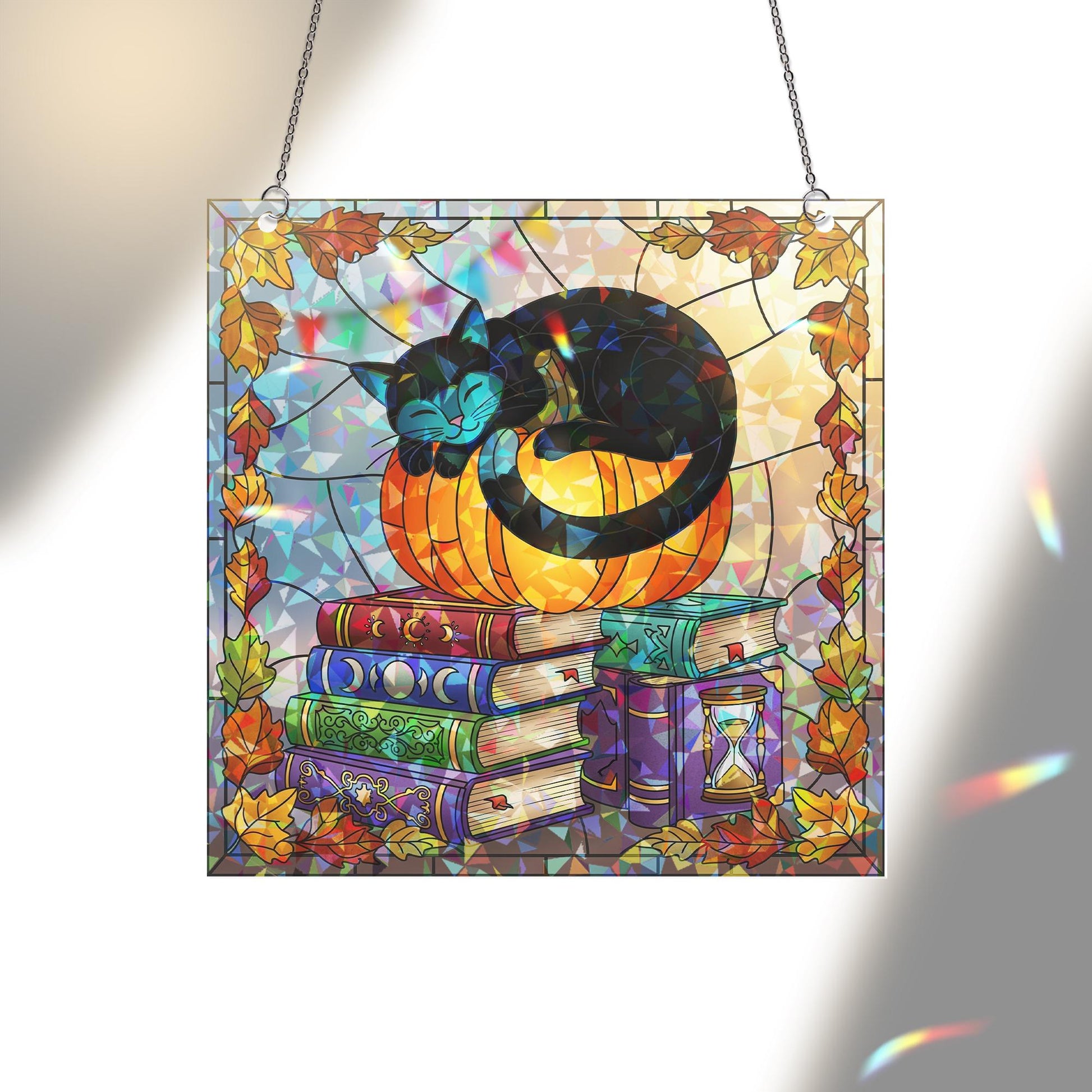 Black Cat Pumpkin Hologram, Fall Bookshelf Window Art, Cozy Autumn Cat Decor, Witchy Book Stack Glass Panel, Halloween Gift