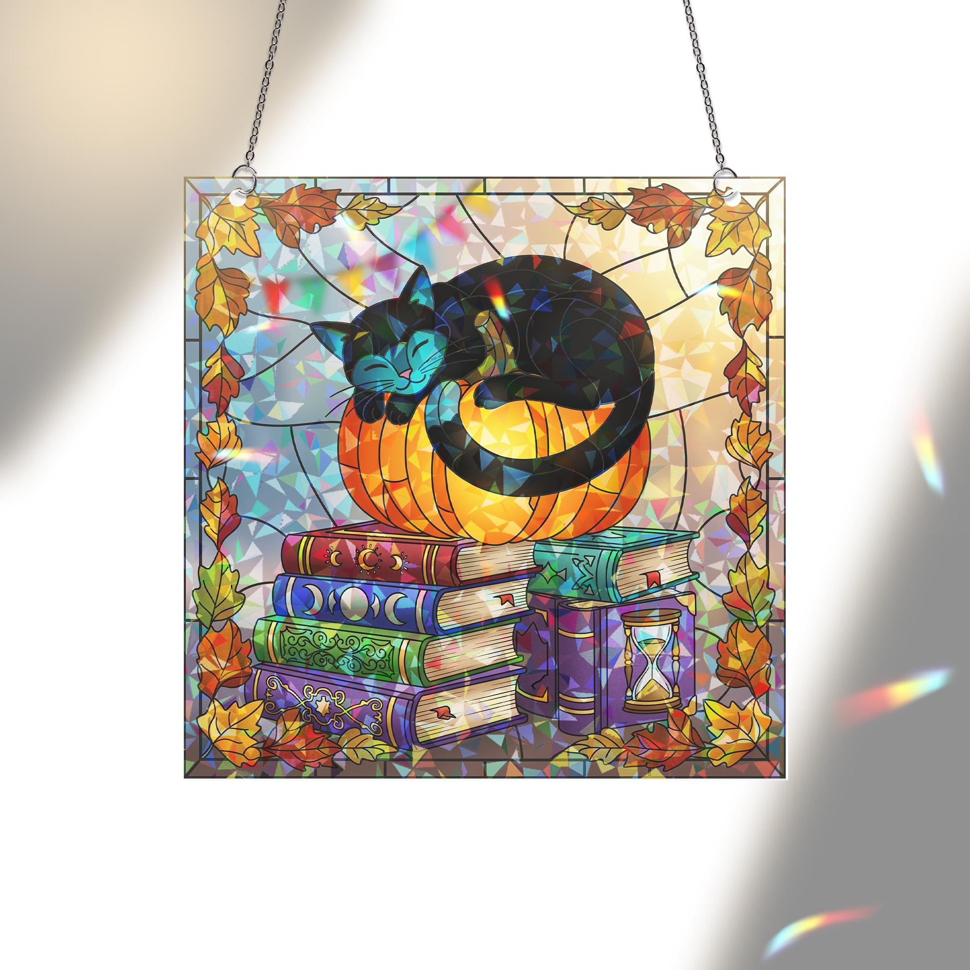 Black Cat Pumpkin Hologram, Fall Bookshelf Window Art, Cozy Autumn Cat Decor, Witchy Book Stack Glass Panel, Halloween Gift