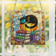 Black Cat Pumpkin Hologram, Fall Bookshelf Window Art, Cozy Autumn Cat Decor, Witchy Book Stack Glass Panel, Halloween Gift