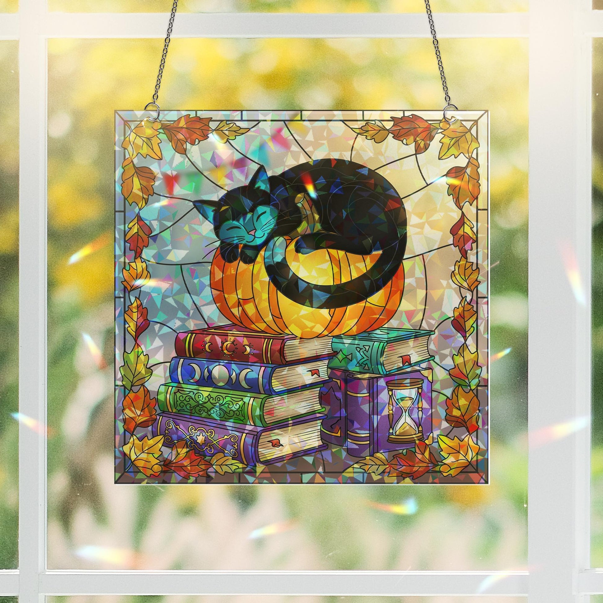Black Cat Pumpkin Hologram, Fall Bookshelf Window Art, Cozy Autumn Cat Decor, Witchy Book Stack Glass Panel, Halloween Gift