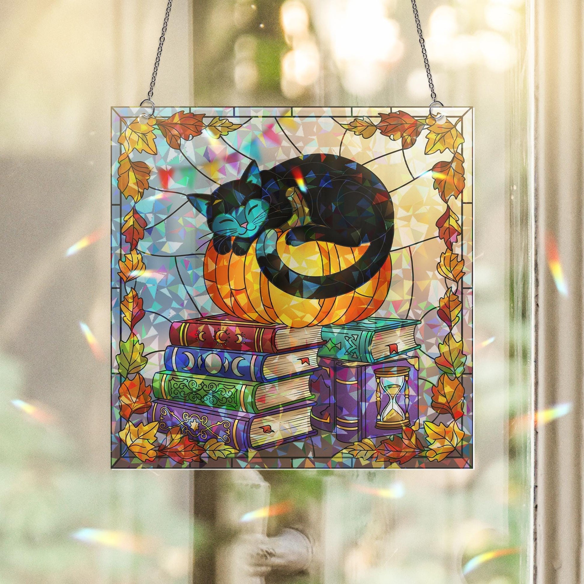 Black Cat Pumpkin Hologram, Fall Bookshelf Window Art, Cozy Autumn Cat Decor, Witchy Book Stack Glass Panel, Halloween Gift