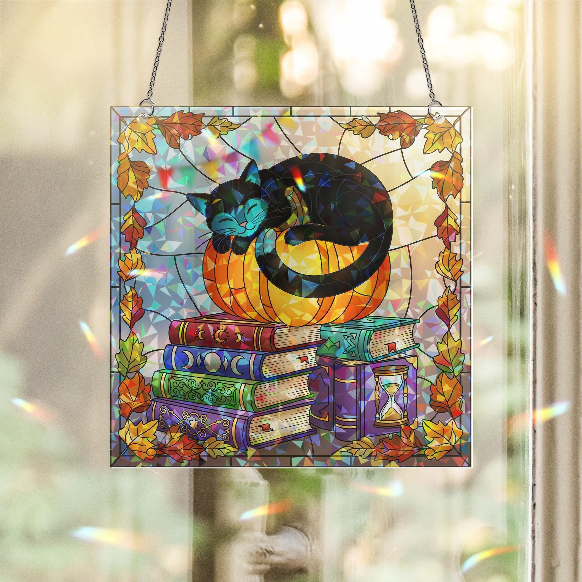 Black Cat Pumpkin Hologram, Fall Bookshelf Window Art, Cozy Autumn Cat Decor, Witchy Book Stack Glass Panel, Halloween Gift