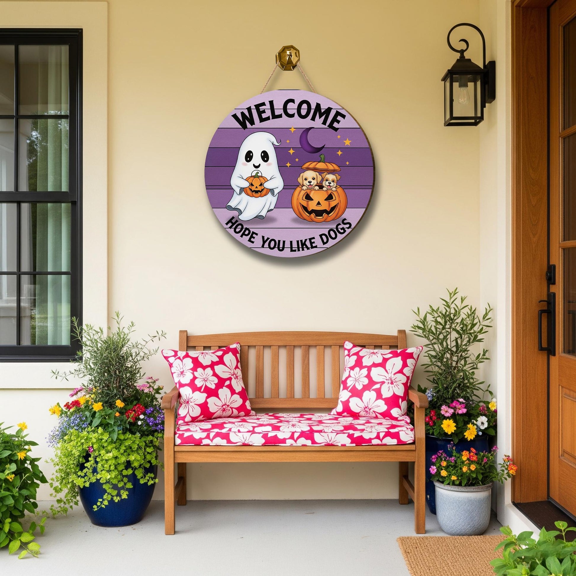 Halloween Dog Door Hanger, Welcome Hope You Like Dogs Sign, Ghost and Pumpkin Puppy Decor, Funny Fall Pet Door Sign