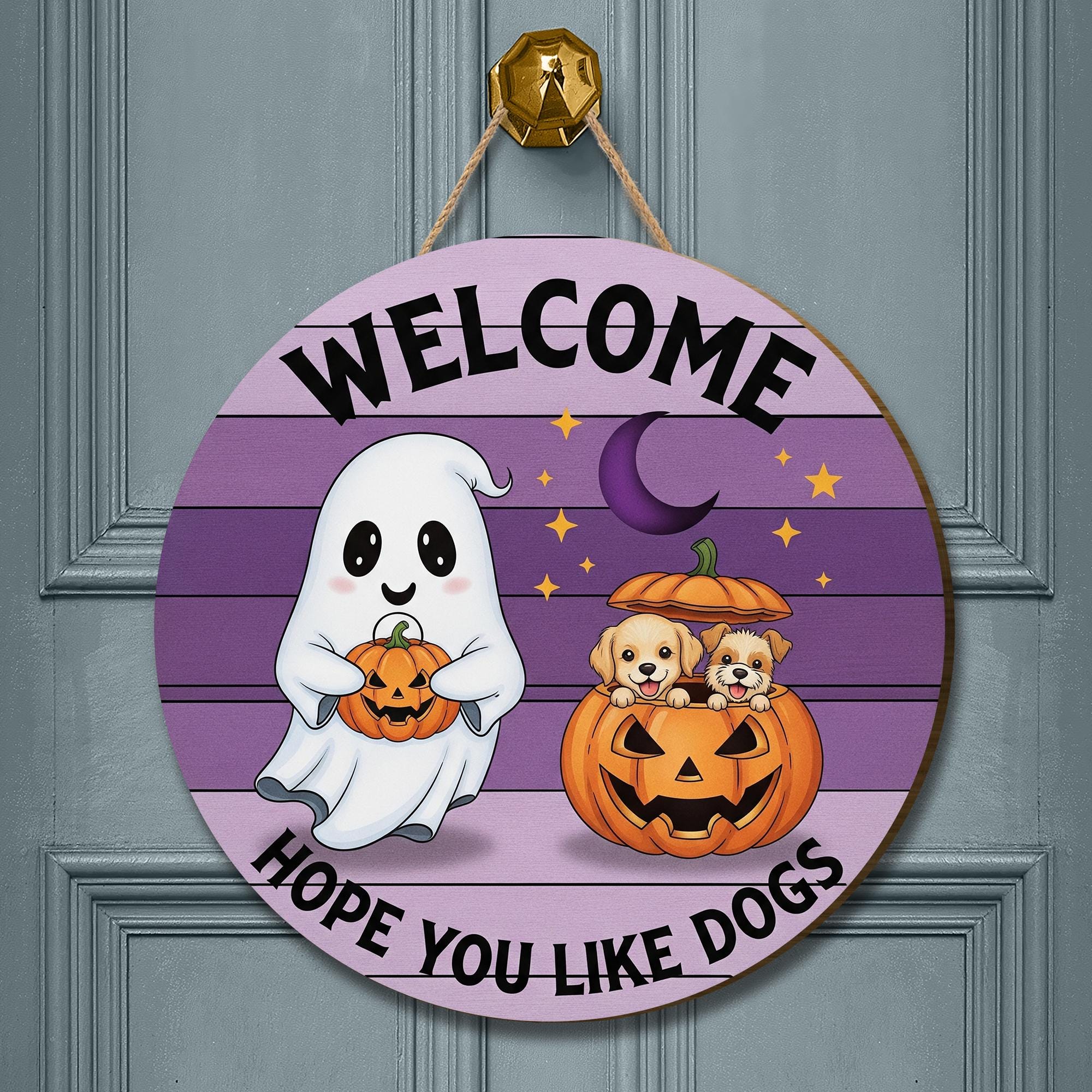Halloween Dog Door Hanger, Welcome Hope You Like Dogs Sign, Ghost and Pumpkin Puppy Decor, Funny Fall Pet Door Sign