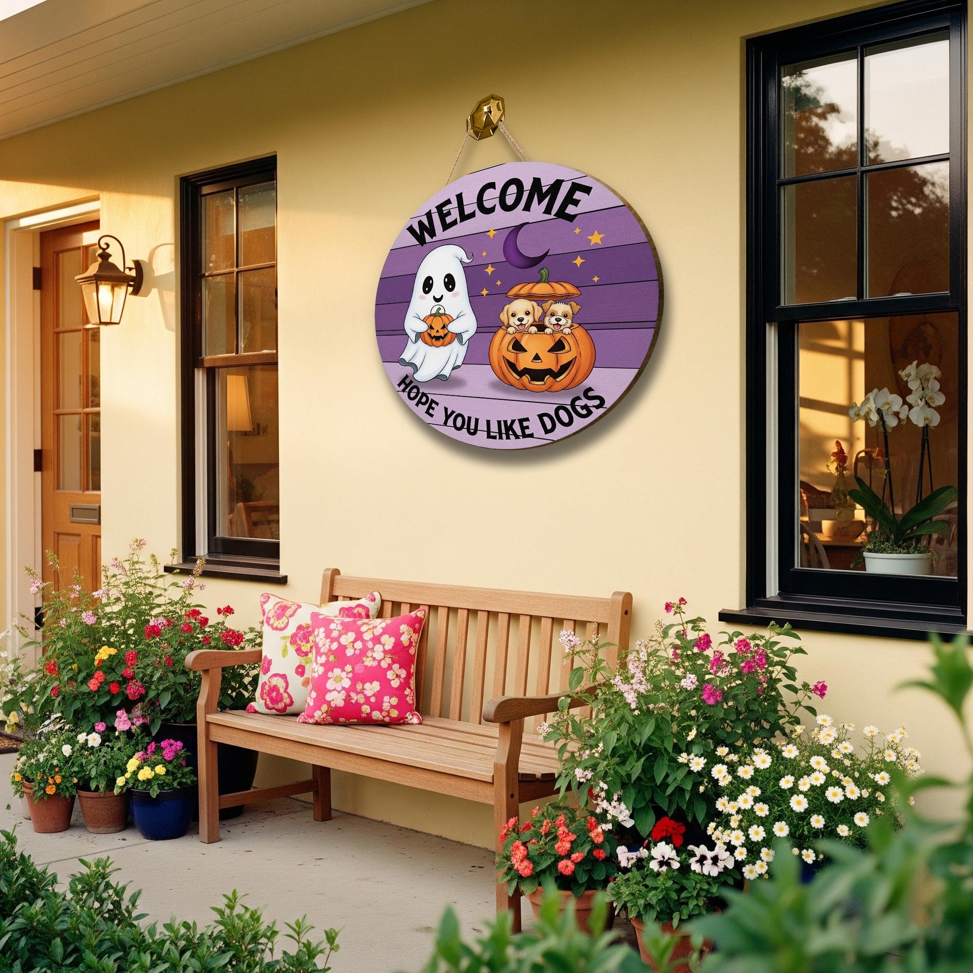 Halloween Dog Door Hanger, Welcome Hope You Like Dogs Sign, Ghost and Pumpkin Puppy Decor, Funny Fall Pet Door Sign