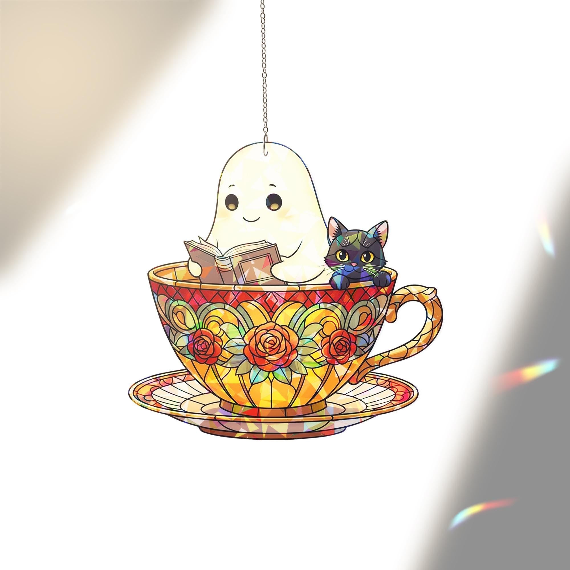 Ghost Cat Teacup Suncatcher, Cute Halloween Window Decor, Holographic Ghost Ornament, Cozy Tea Lover Gift, Fall Cat Sun Catcher