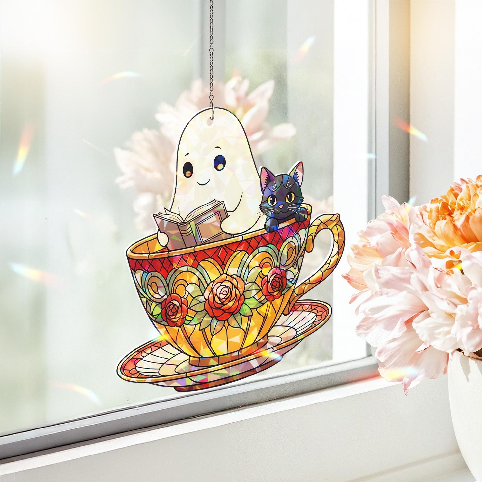 Ghost Cat Teacup Suncatcher, Cute Halloween Window Decor, Holographic Ghost Ornament, Cozy Tea Lover Gift, Fall Cat Sun Catcher