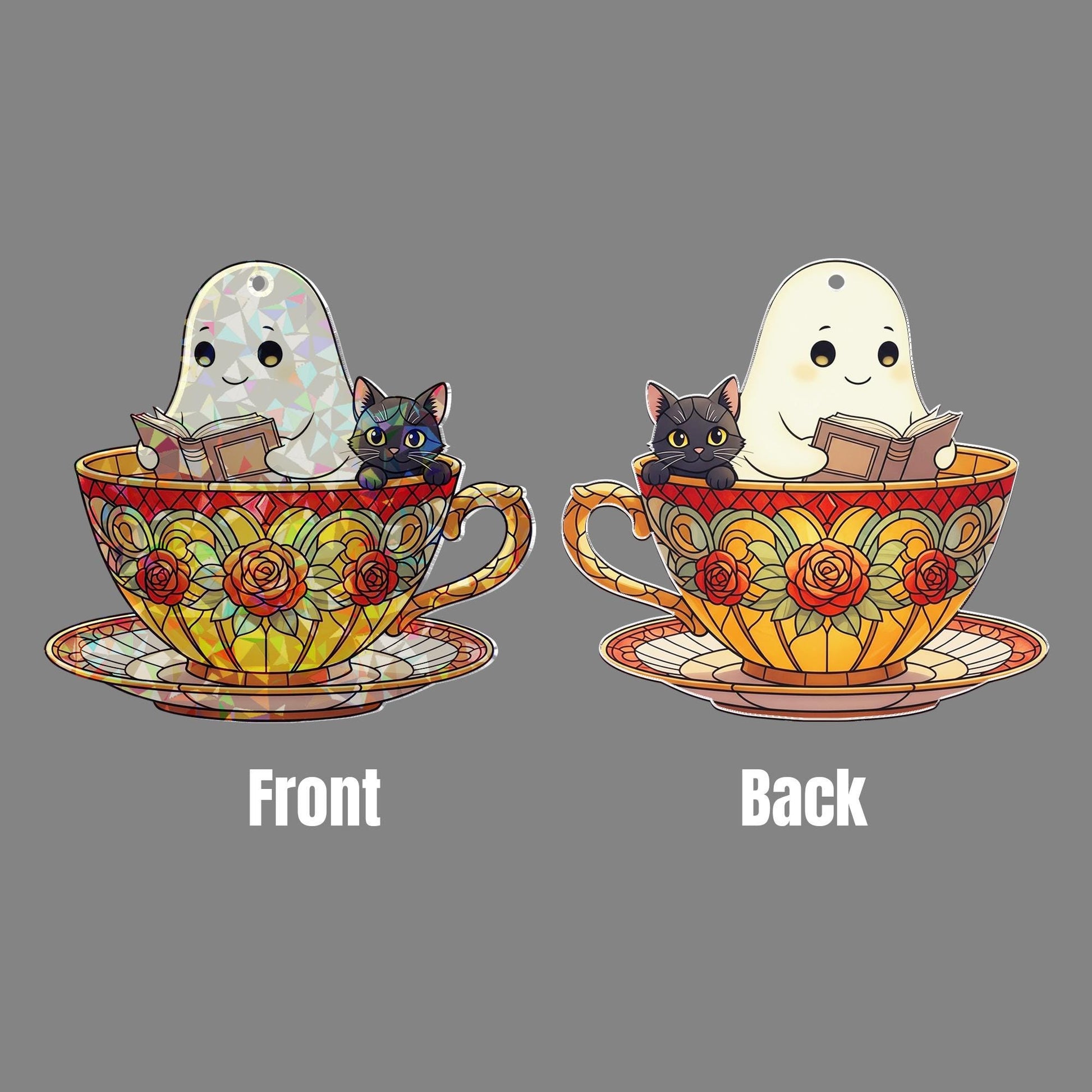 Ghost Cat Teacup Suncatcher, Cute Halloween Window Decor, Holographic Ghost Ornament, Cozy Tea Lover Gift, Fall Cat Sun Catcher