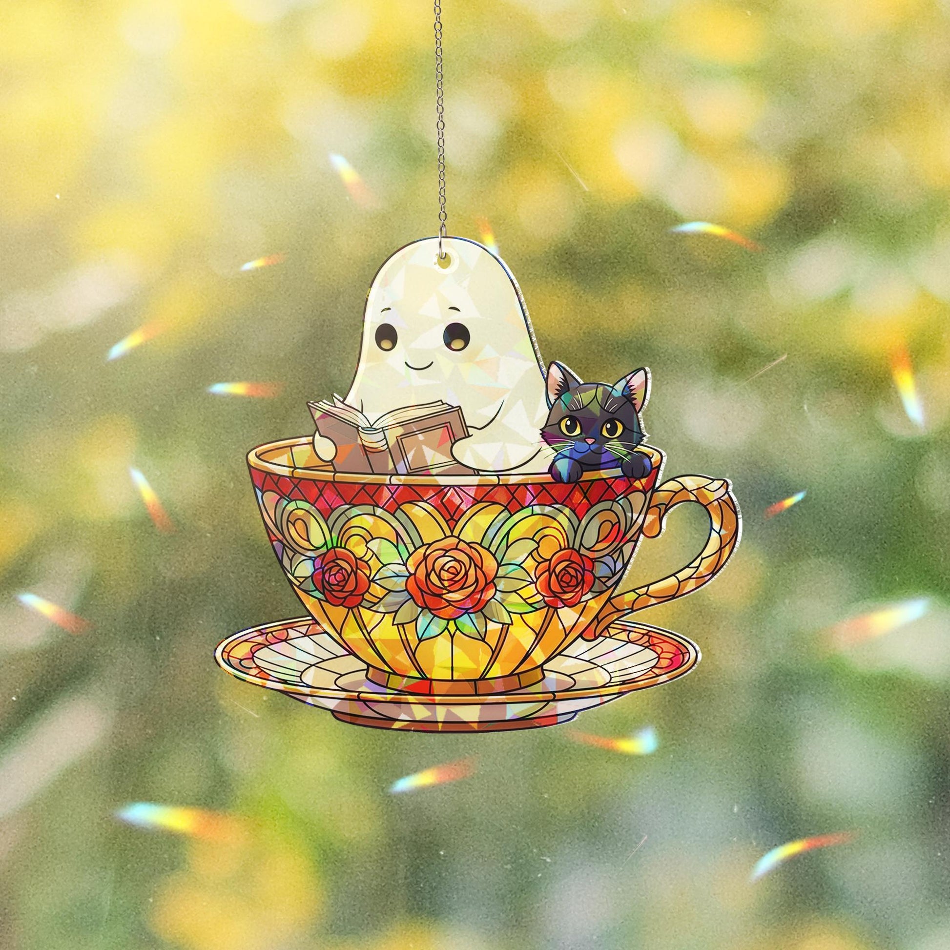 Ghost Cat Teacup Suncatcher, Cute Halloween Window Decor, Holographic Ghost Ornament, Cozy Tea Lover Gift, Fall Cat Sun Catcher