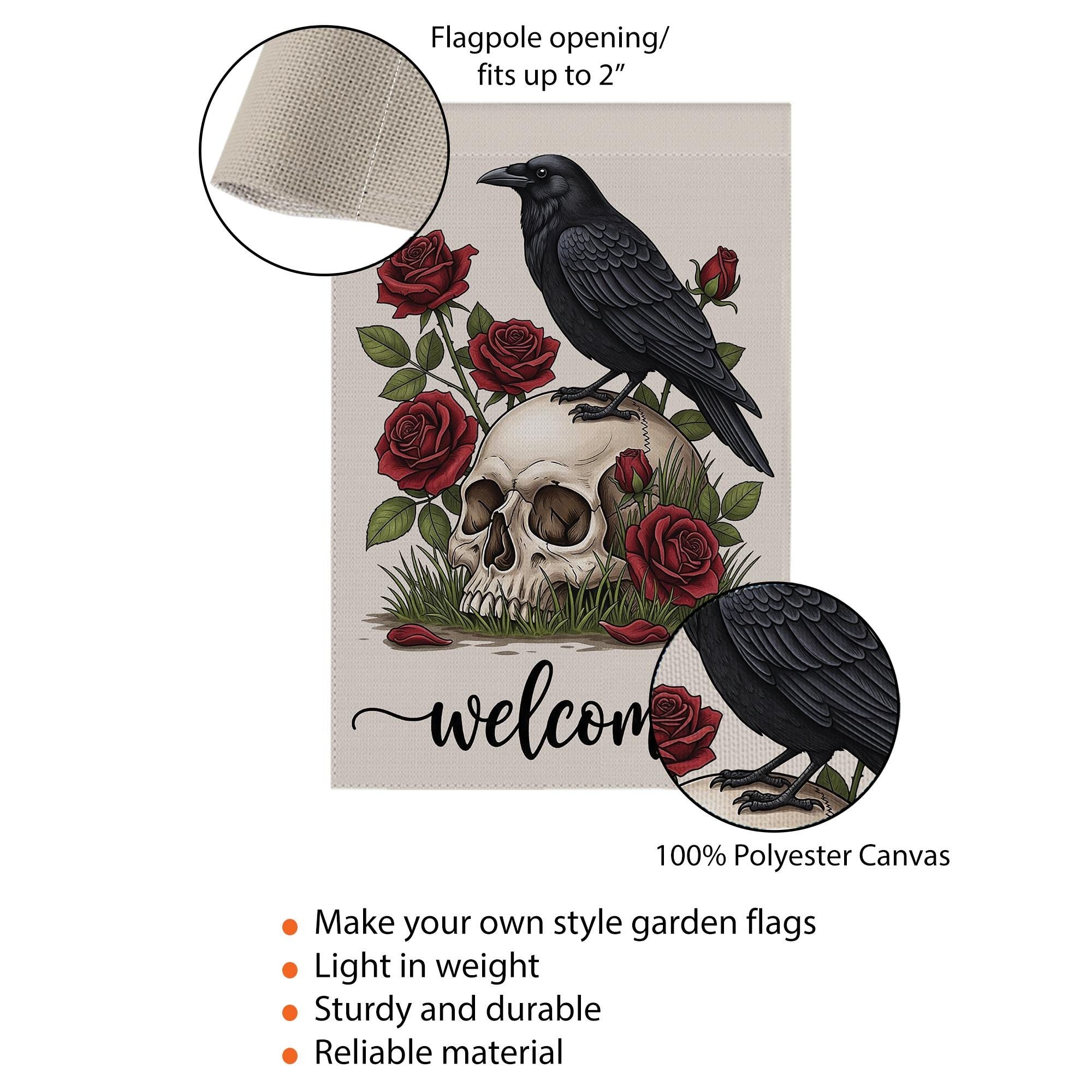 Gothic Garden Flag with Raven and Skull, Red Rose Welcome Yard Sign, Dark Floral Outdoor Decor, Spooky Fall Lawn Flag