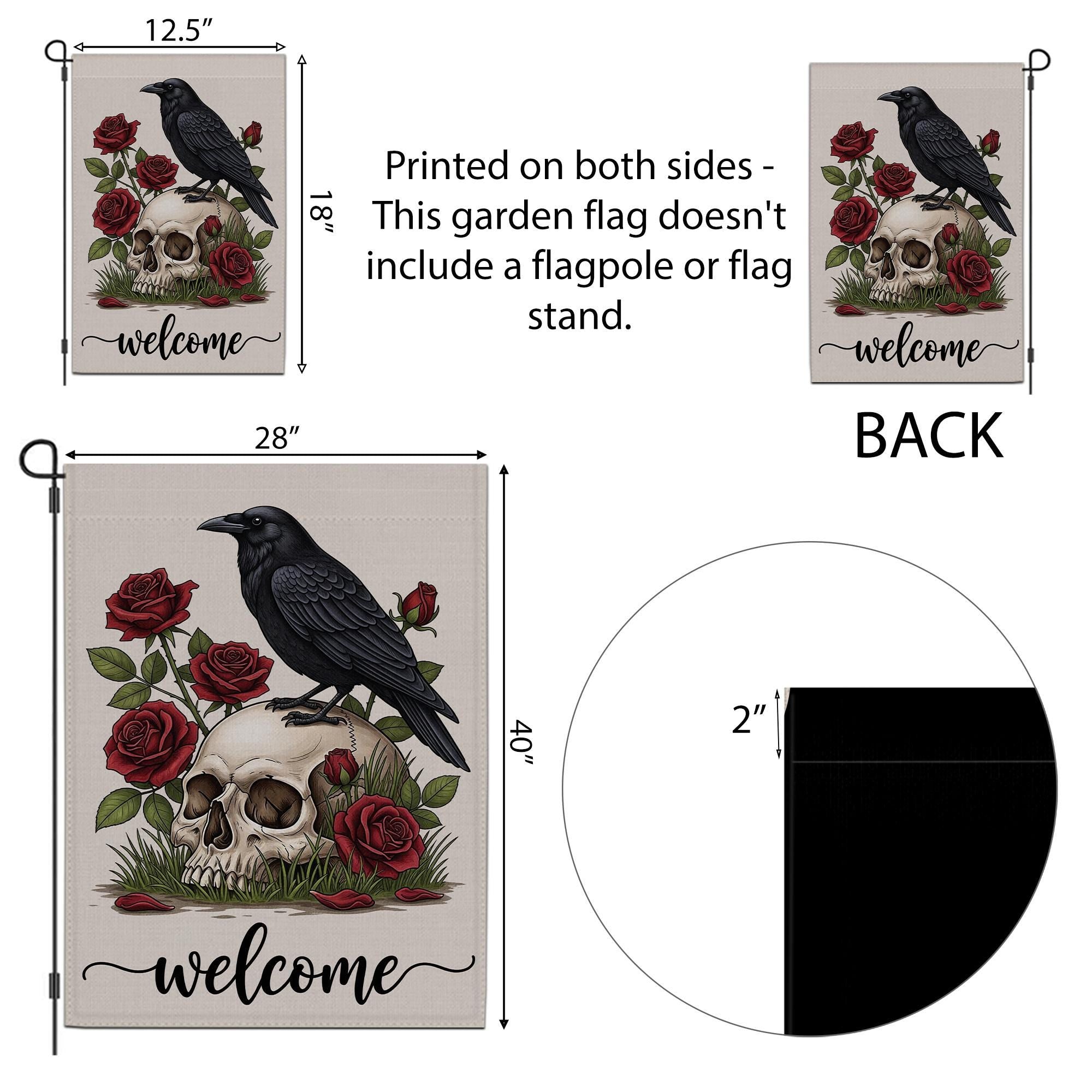 Gothic Garden Flag with Raven and Skull, Red Rose Welcome Yard Sign, Dark Floral Outdoor Decor, Spooky Fall Lawn Flag