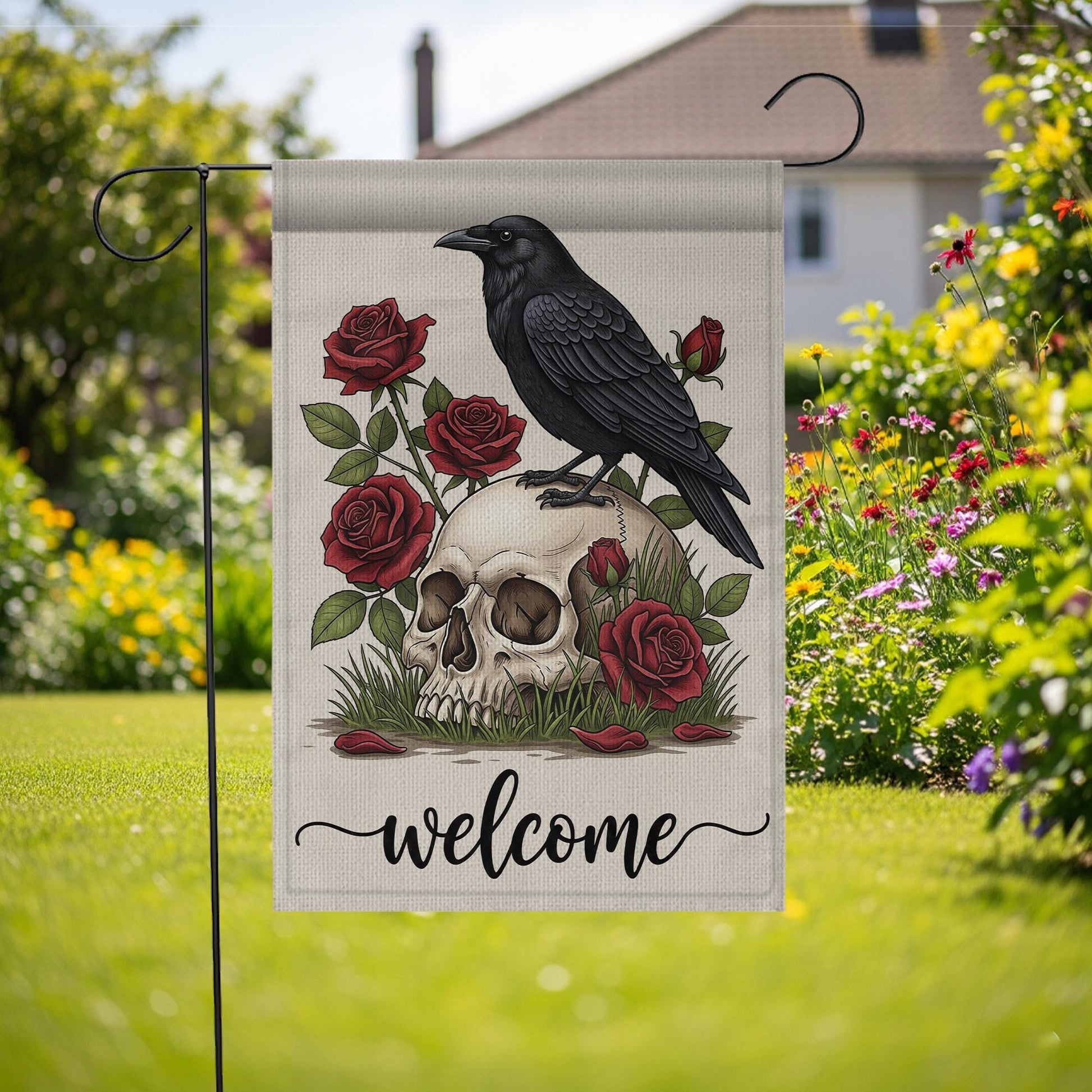 Gothic Garden Flag with Raven and Skull, Red Rose Welcome Yard Sign, Dark Floral Outdoor Decor, Spooky Fall Lawn Flag