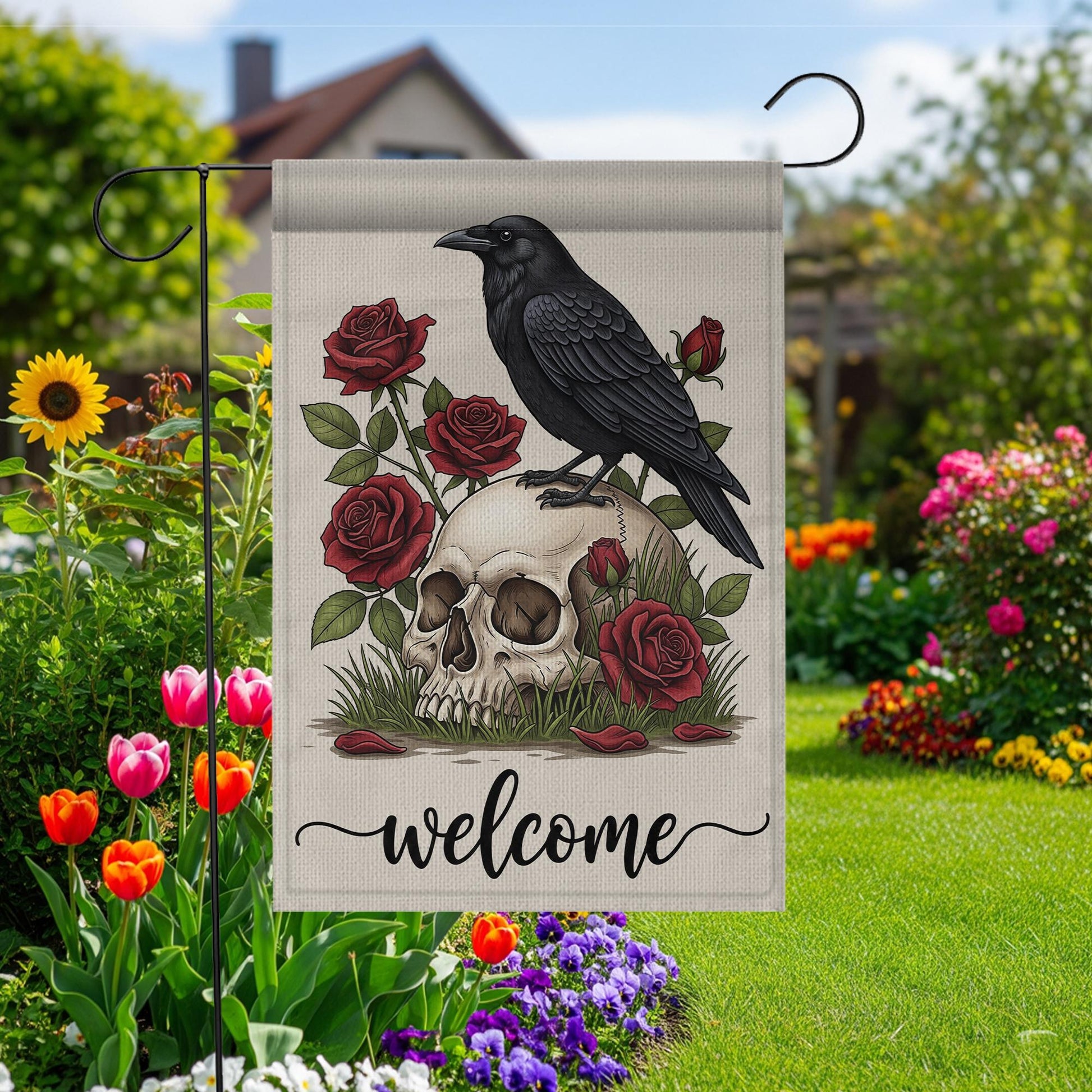 Gothic Garden Flag with Raven and Skull, Red Rose Welcome Yard Sign, Dark Floral Outdoor Decor, Spooky Fall Lawn Flag