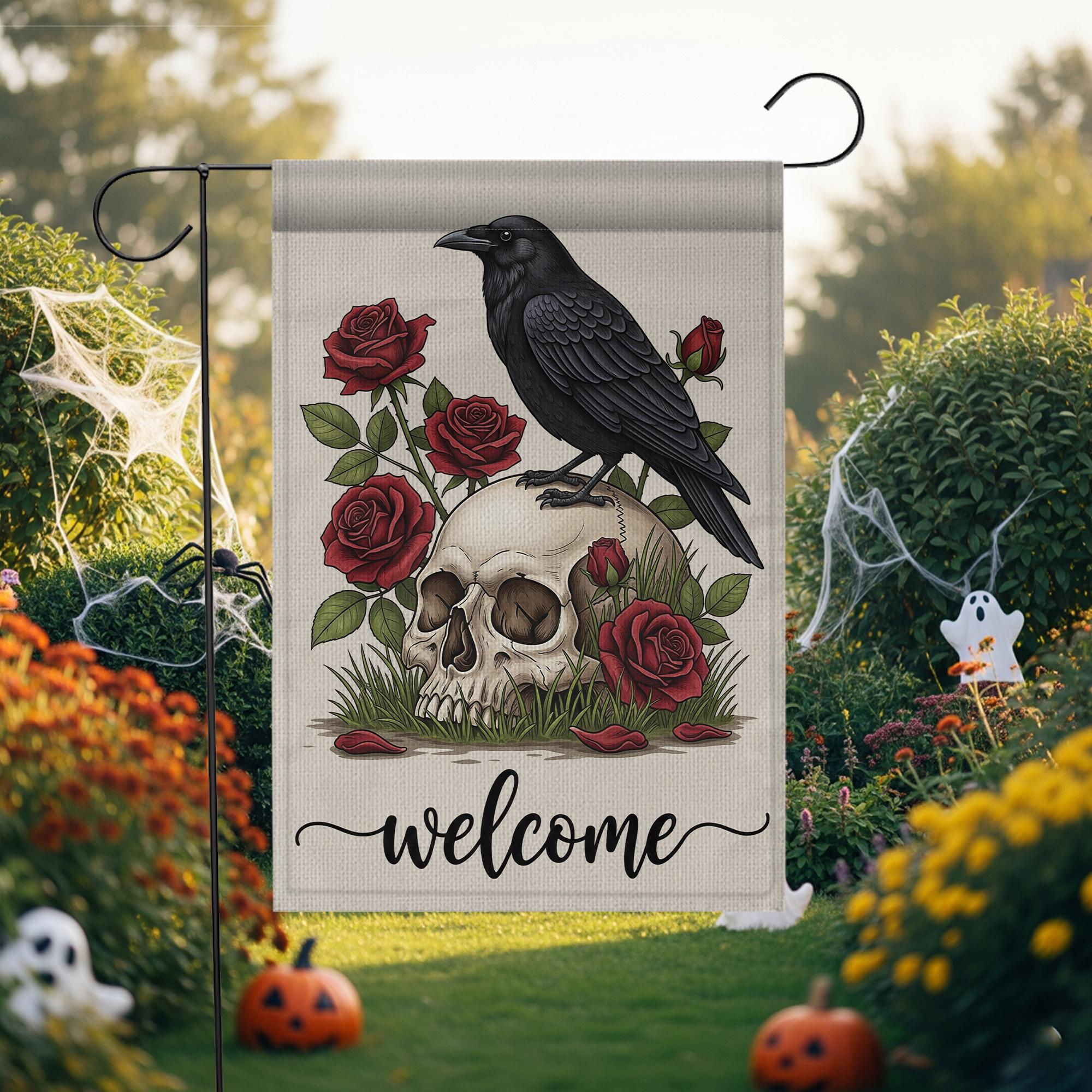 Gothic Garden Flag with Raven and Skull, Red Rose Welcome Yard Sign, Dark Floral Outdoor Decor, Spooky Fall Lawn Flag