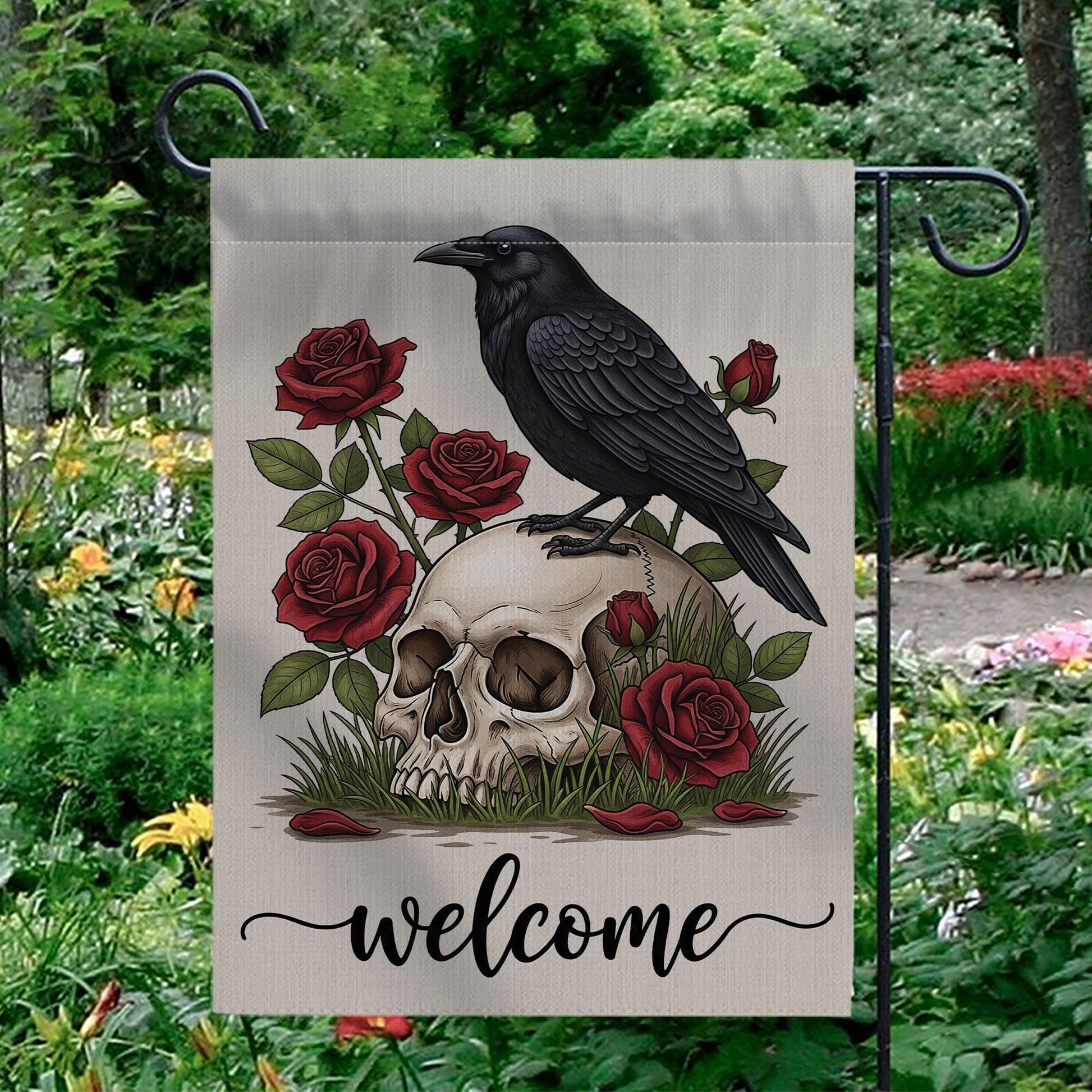 Gothic Garden Flag with Raven and Skull, Red Rose Welcome Yard Sign, Dark Floral Outdoor Decor, Spooky Fall Lawn Flag