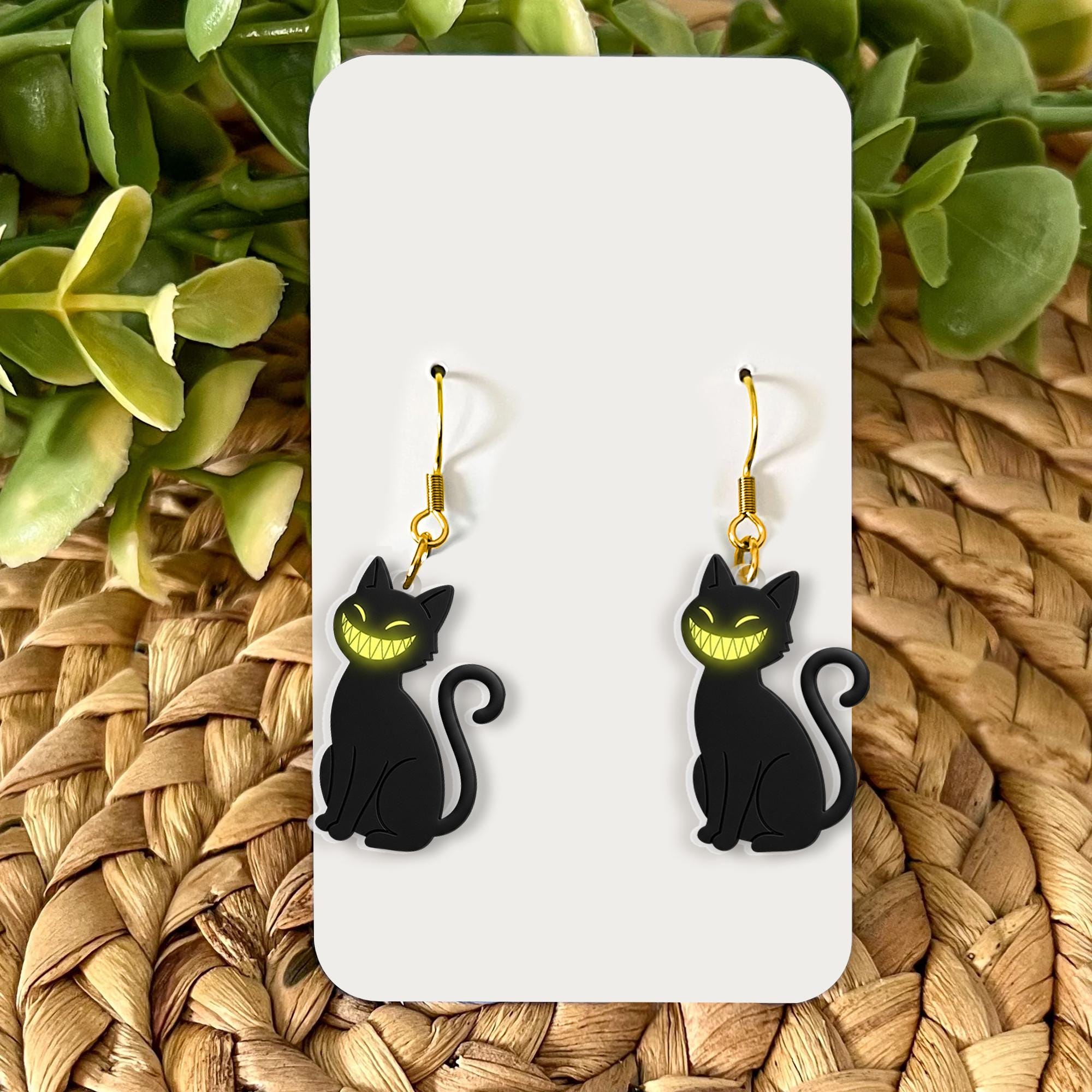 Black Cat Earrings with Creepy Smile, Halloween Acrylic Dangle Earrings, Spooky Cat Jewelry, Cute Goth Cat Earrings, Fall Accessory