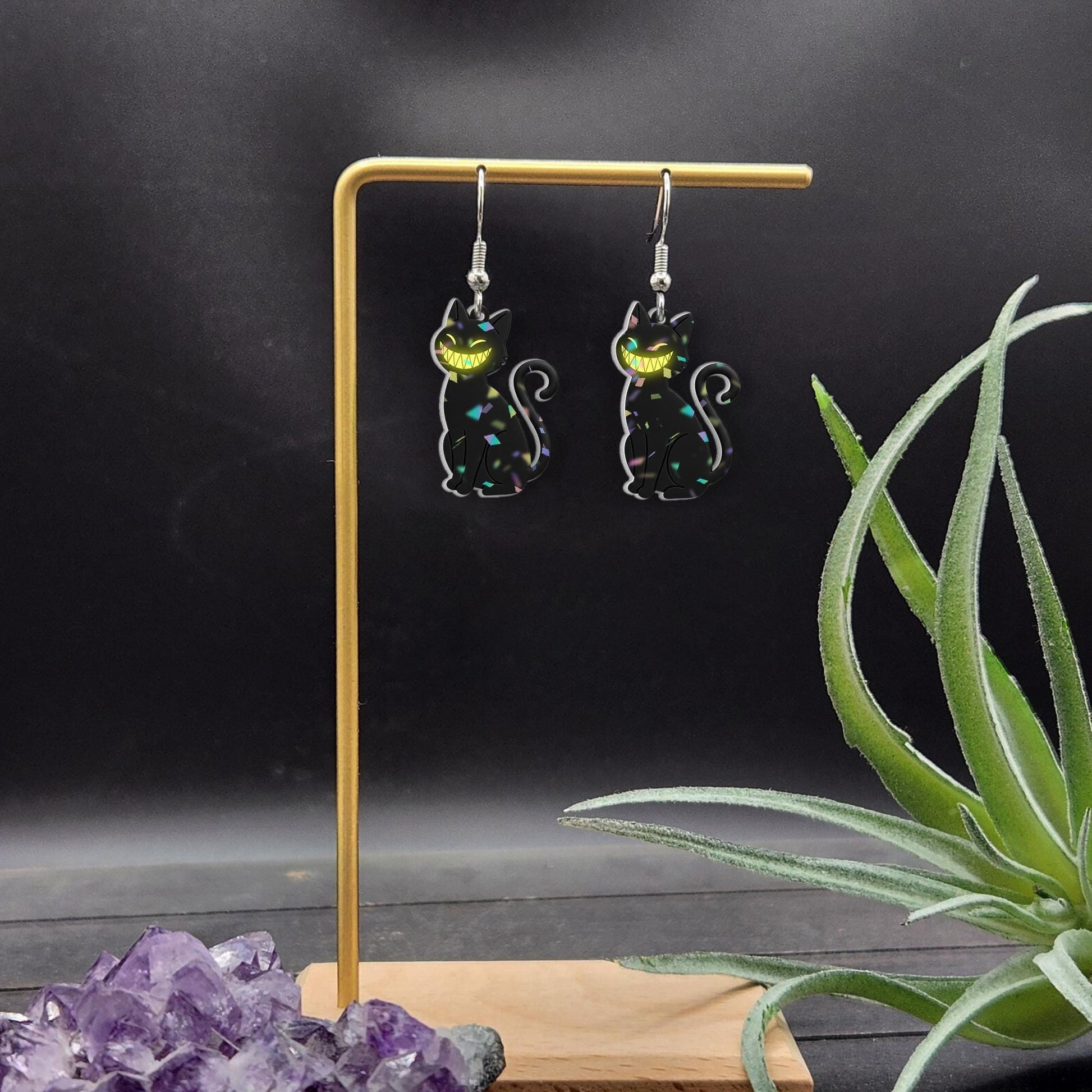 Black Cat Earrings with Creepy Smile, Halloween Acrylic Dangle Earrings, Spooky Cat Jewelry, Cute Goth Cat Earrings, Fall Accessory