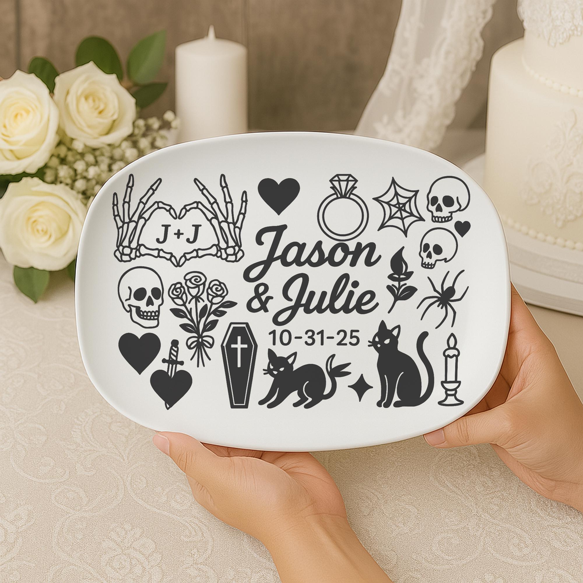 Custom Gothic Wedding Platter – Personalized Halloween Marriage Gift, Dark Romantic Engagement Plate, Alternative Couple Decor- DECOR only