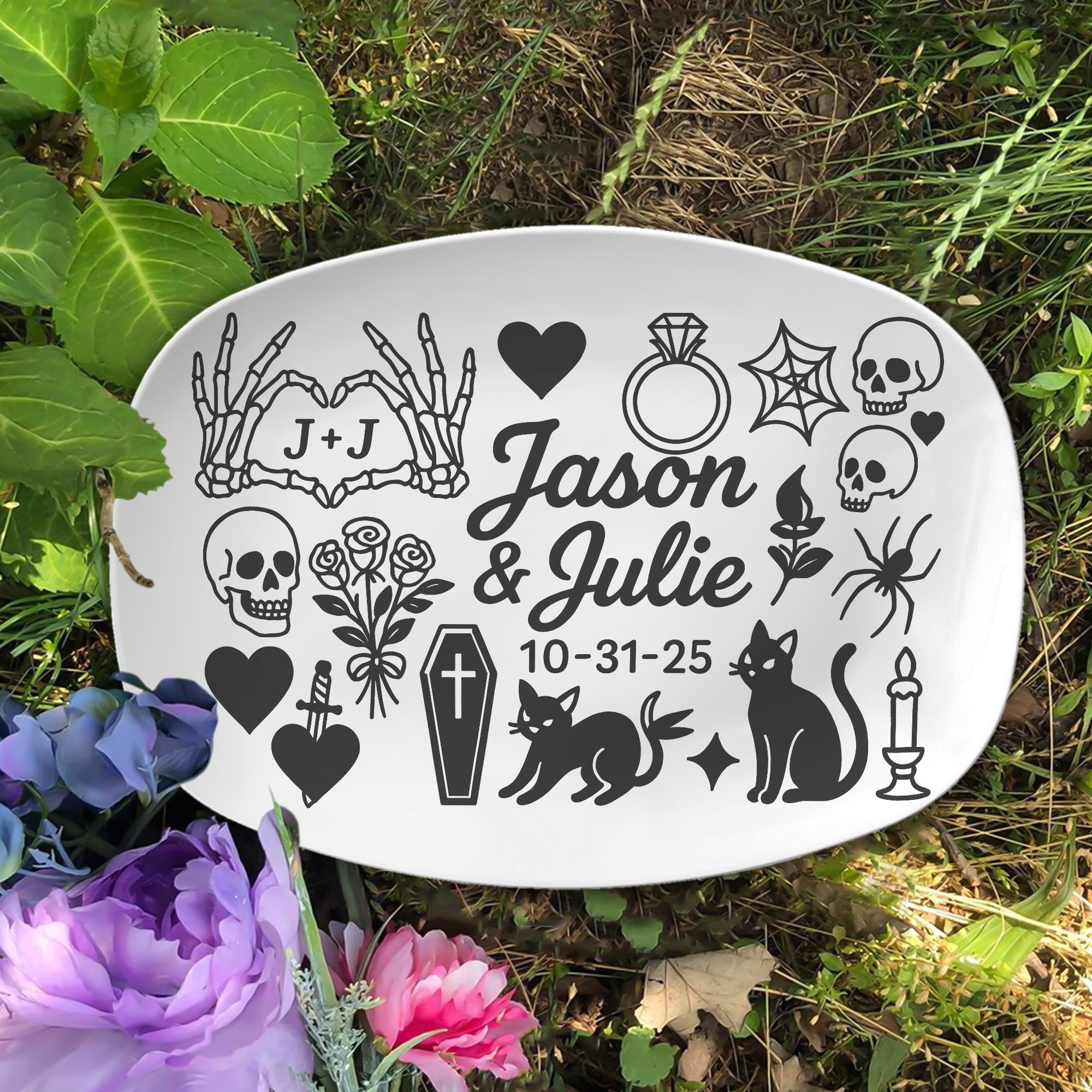 Custom Gothic Wedding Platter – Personalized Halloween Marriage Gift, Dark Romantic Engagement Plate, Alternative Couple Decor- DECOR only