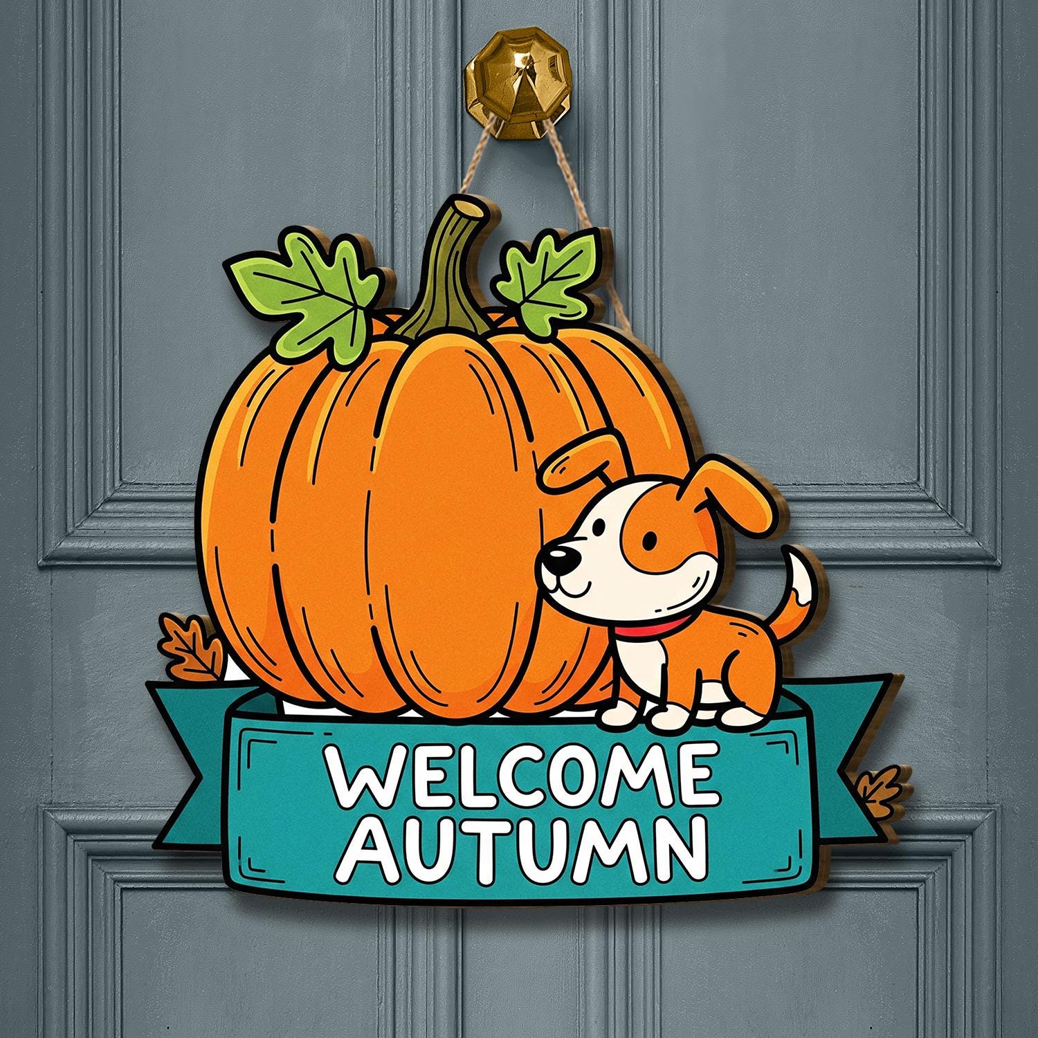Autumn Door Hanger with Pumpkin and Dog | Fall Front Door Sign | Welcome Autumn Porch Decor | Seasonal Harvest Decoration | Dog Lover Gift