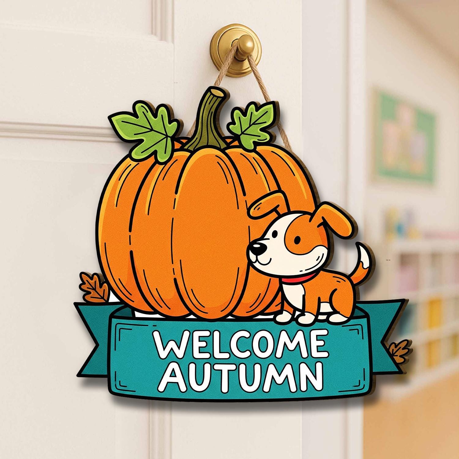 Autumn Door Hanger with Pumpkin and Dog | Fall Front Door Sign | Welcome Autumn Porch Decor | Seasonal Harvest Decoration | Dog Lover Gift