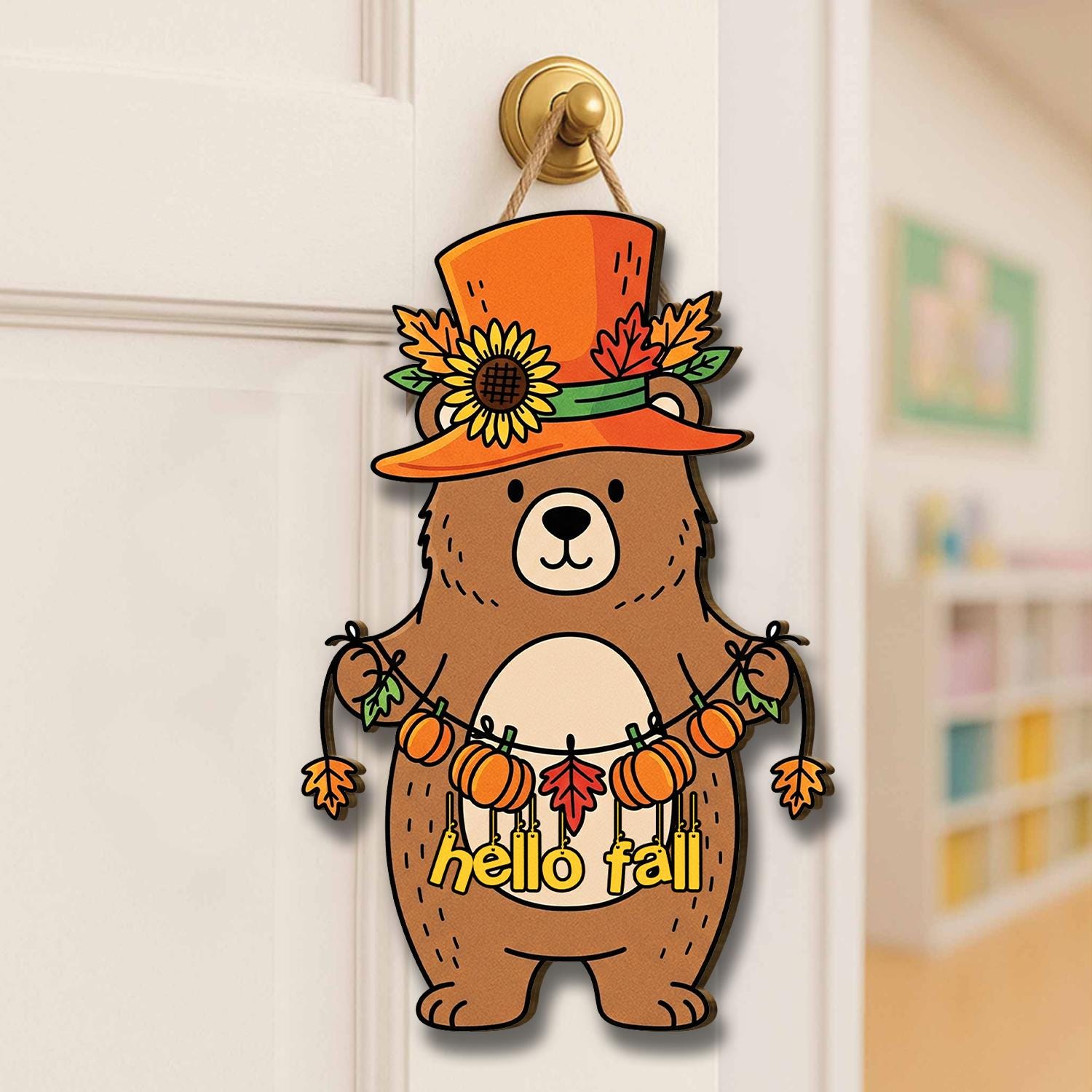 Fall Door Hanger with Bear and Pumpkin Garland | Hello Fall Front Door Sign | Autumn Porch Decoration | Seasonal Home Decor, Bear Lover Gift