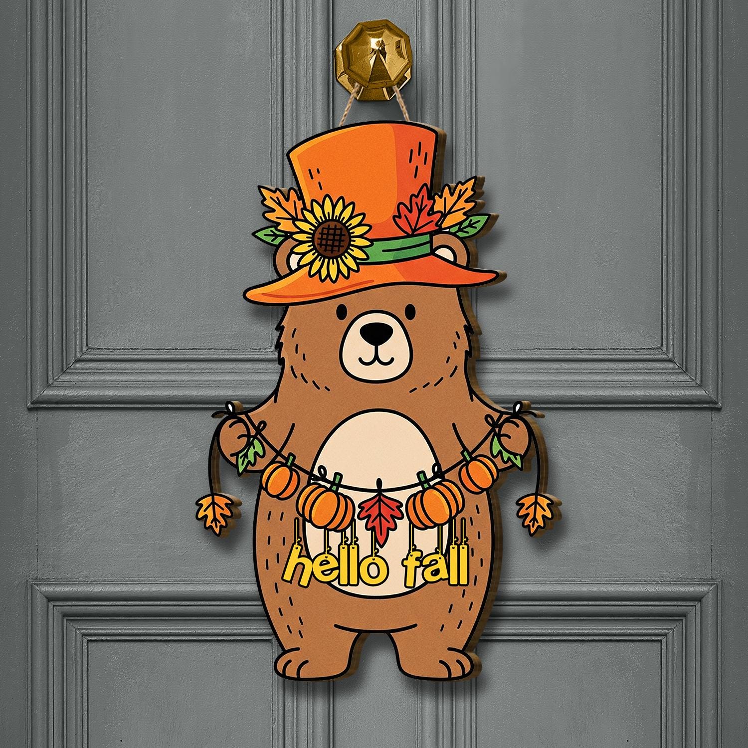 Fall Door Hanger with Bear and Pumpkin Garland | Hello Fall Front Door Sign | Autumn Porch Decoration | Seasonal Home Decor, Bear Lover Gift