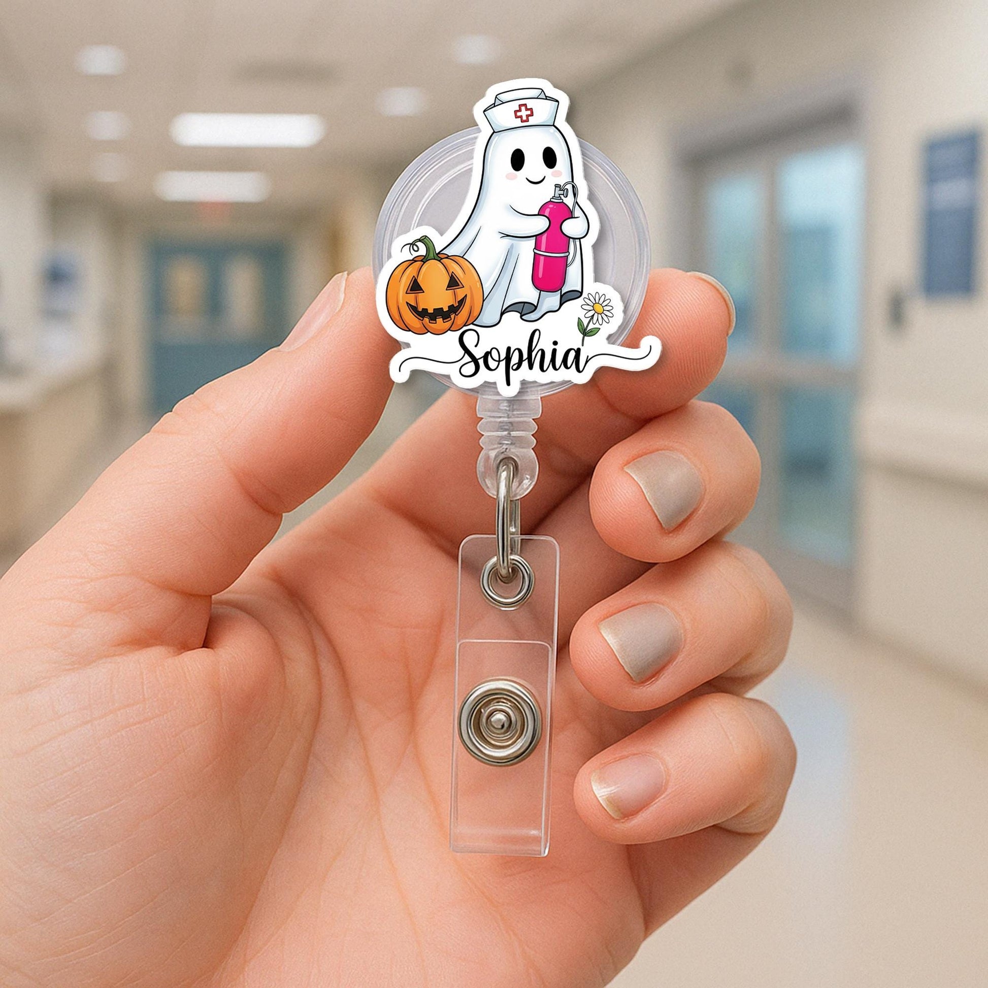 Personalized Halloween Badge Reel with Ghost Nurse | Custom Name ID Holder | Cute Retractable Badge Clip for Nurses and Healthcare Workers