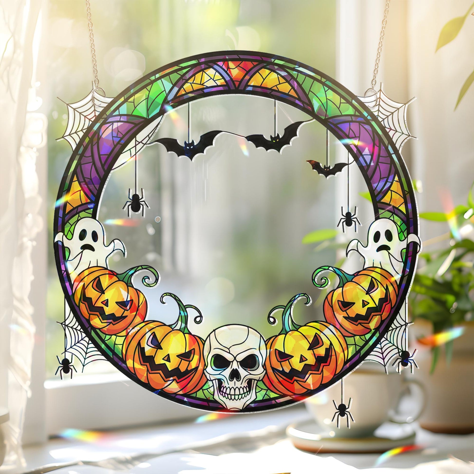 Halloween Acrylic Suncatcher with Pumpkins Ghosts and Bats | Spooky Window Hanging Decor | Fall Gothic Home Decoration