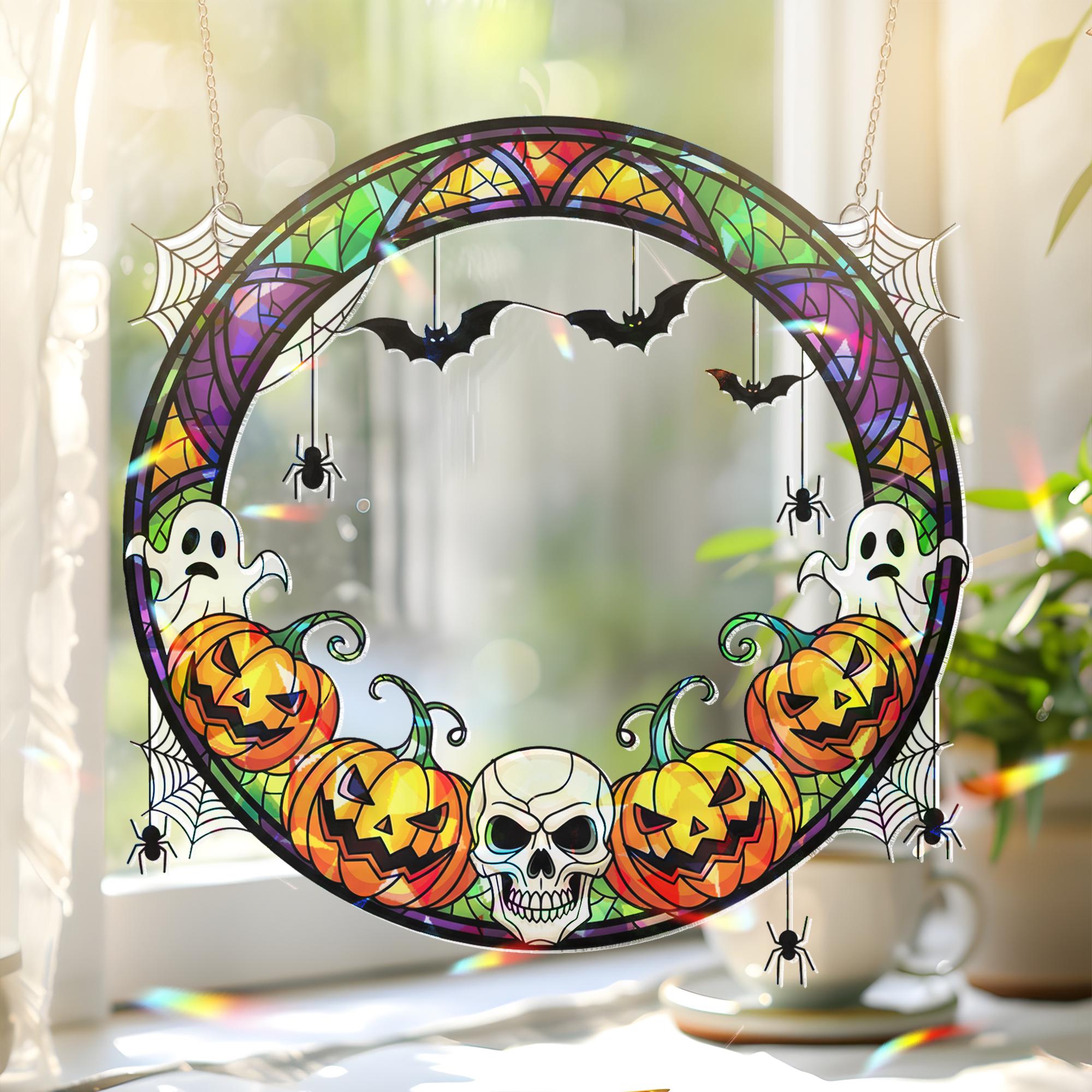 Halloween Acrylic Suncatcher with Pumpkins Ghosts and Bats | Spooky Window Hanging Decor | Fall Gothic Home Decoration