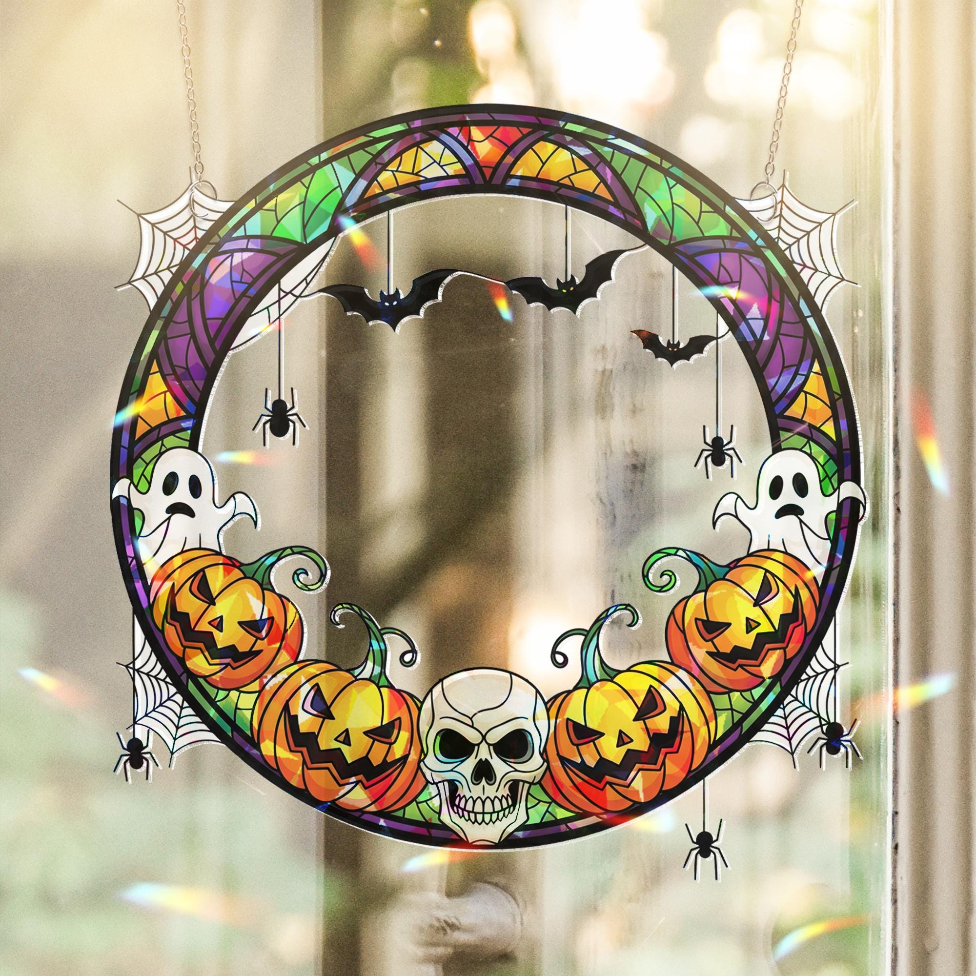 Halloween Acrylic Suncatcher with Pumpkins Ghosts and Bats | Spooky Window Hanging Decor | Fall Gothic Home Decoration
