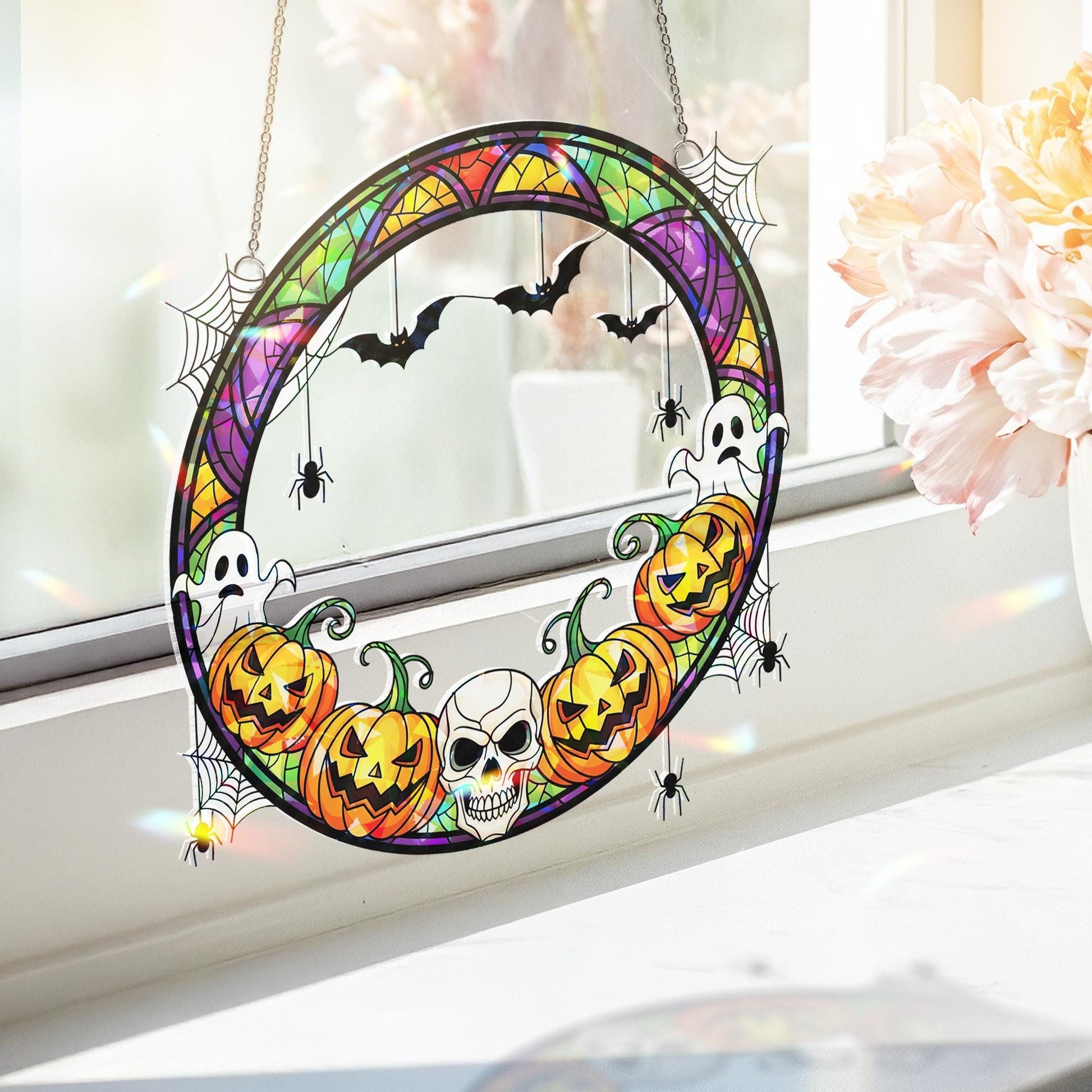 Halloween Acrylic Suncatcher with Pumpkins Ghosts and Bats | Spooky Window Hanging Decor | Fall Gothic Home Decoration