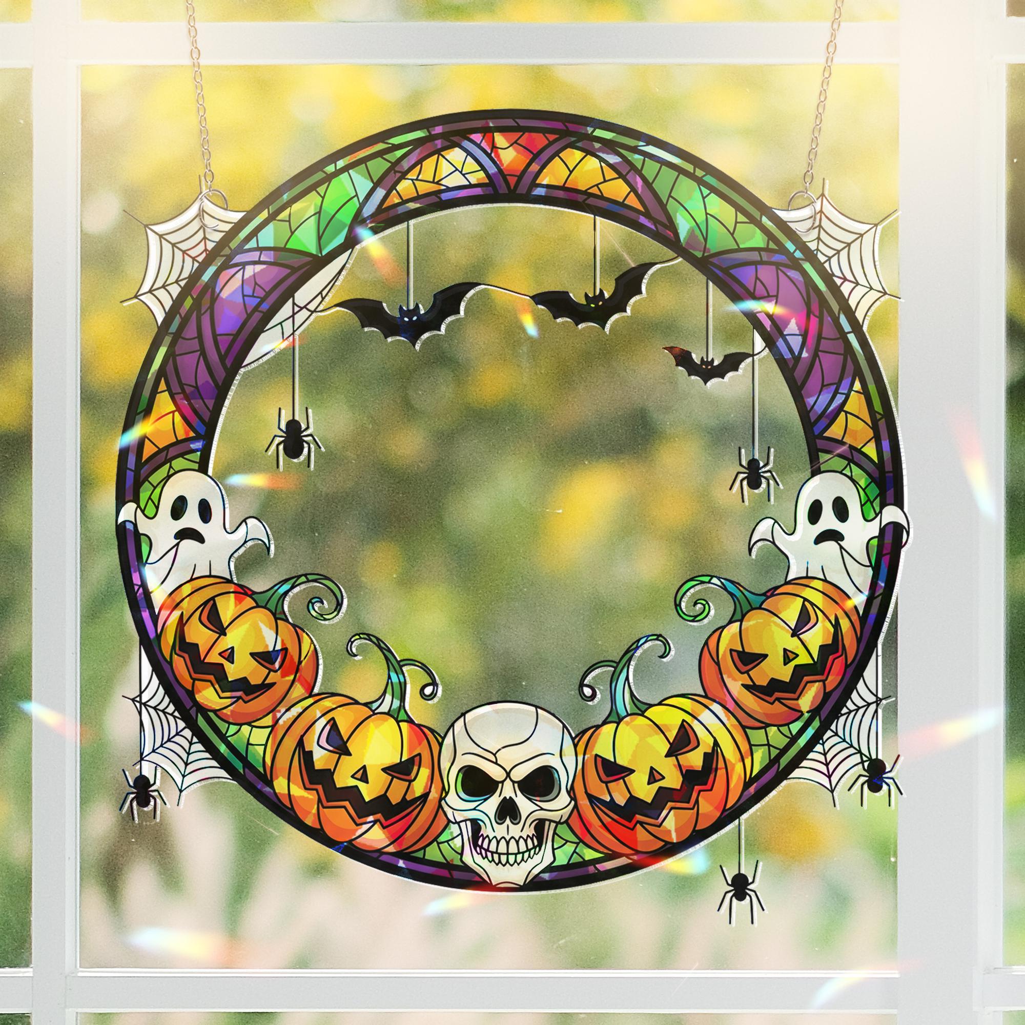 Halloween Acrylic Suncatcher with Pumpkins Ghosts and Bats | Spooky Window Hanging Decor | Fall Gothic Home Decoration