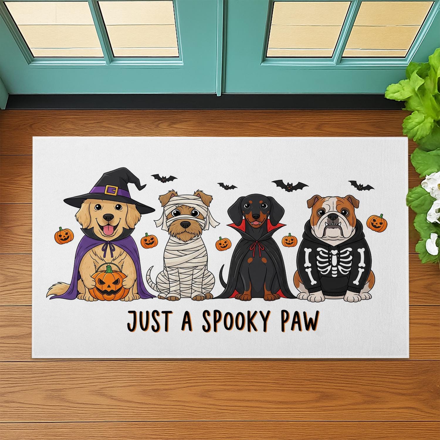 Halloween Dog Doormat with Cute Spooky Pups | Funny Fall Welcome Mat | Outdoor Entryway Rug | Holiday Porch Decoration for Dog Lovers
