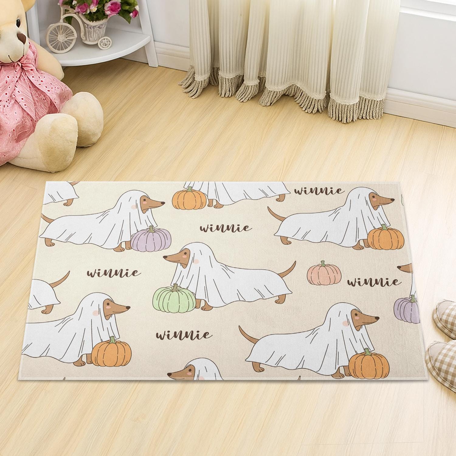 Personalized Halloween Dog Doormat with Ghost Dachshund and Pumpkins | Custom Fall Welcome Mat | Cute Pet Lover Porch Decoration
