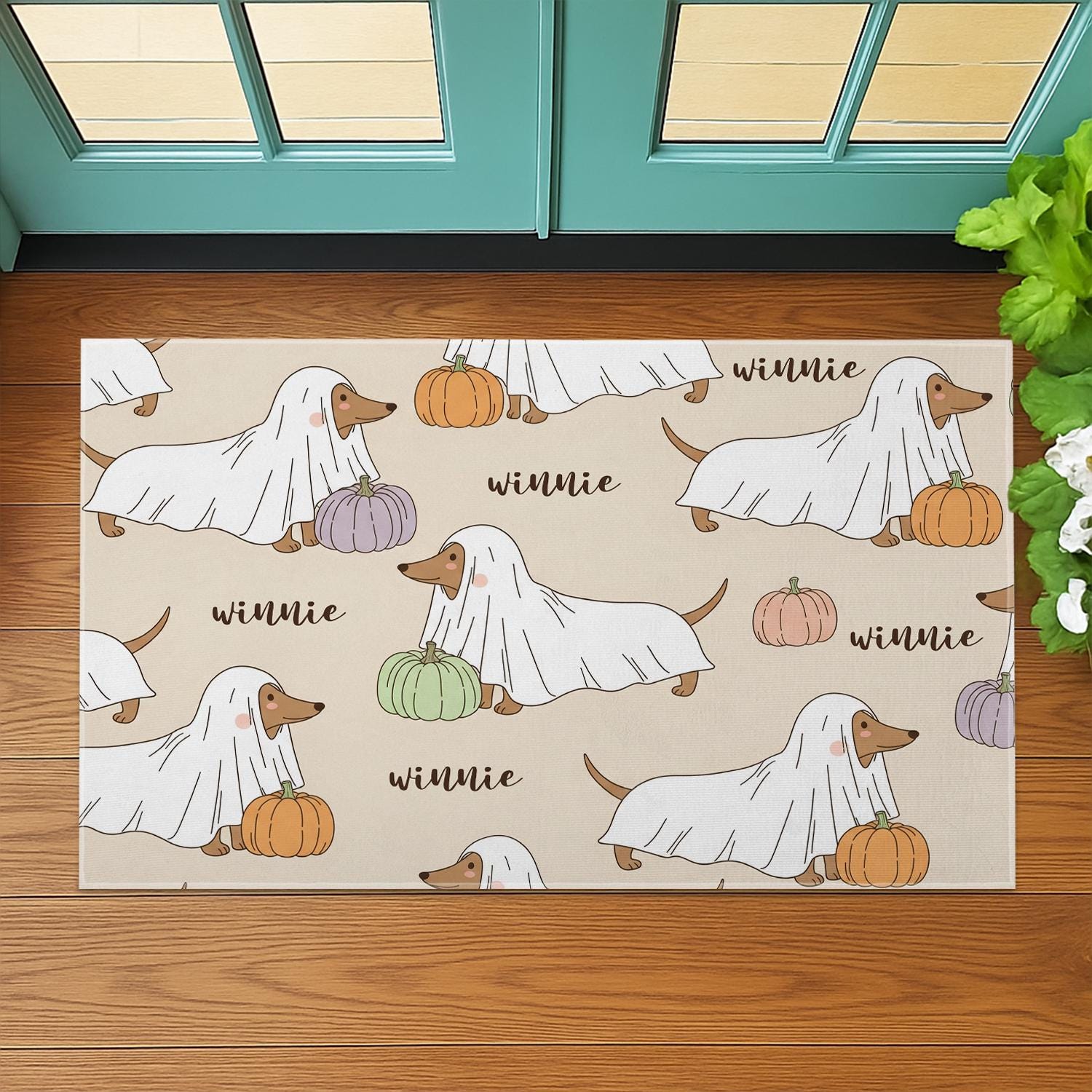 Personalized Halloween Dog Doormat with Ghost Dachshund and Pumpkins | Custom Fall Welcome Mat | Cute Pet Lover Porch Decoration