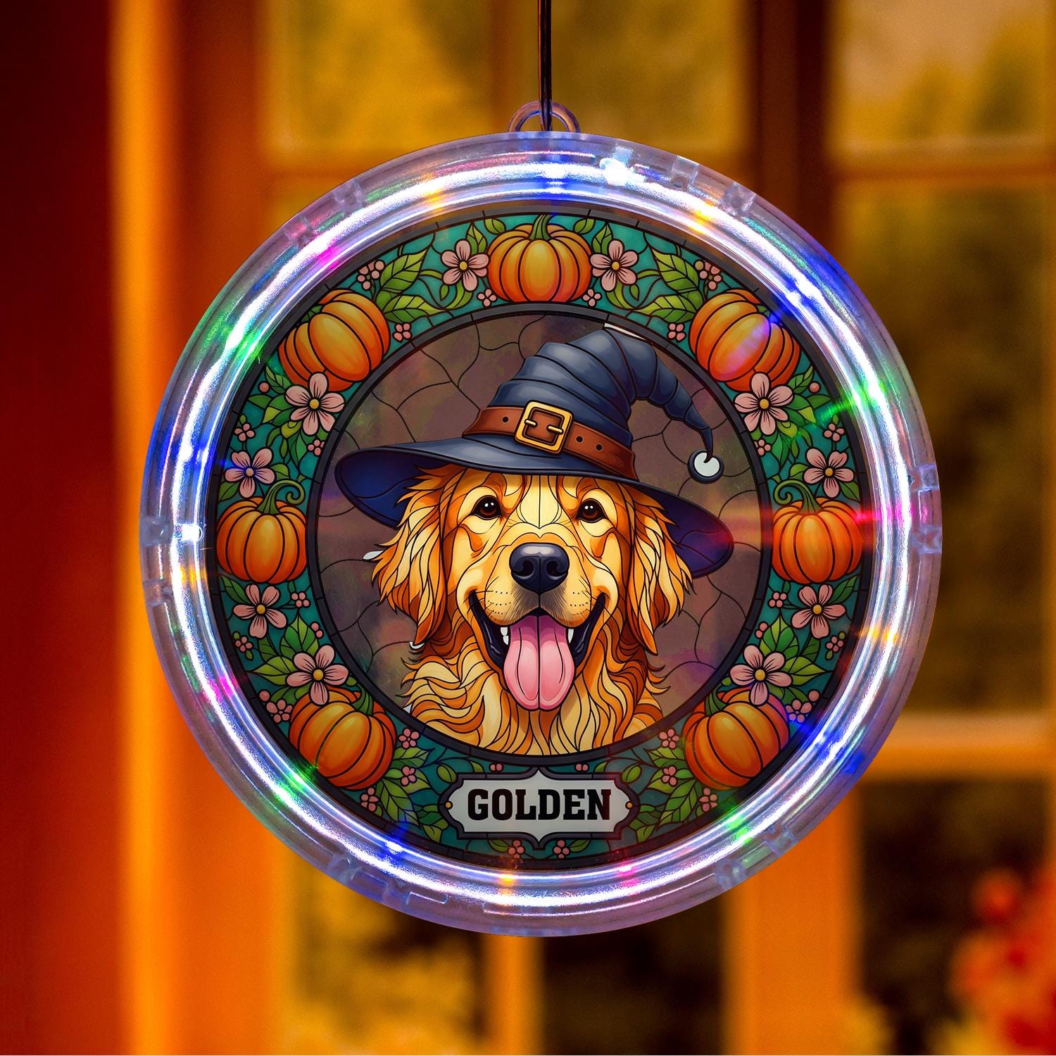 Halloween LED Hanging Light with Dog Witch Design | Spooky Window or Porch Decor | Fall Pumpkin Lantern for Dog Lovers Home Decoration