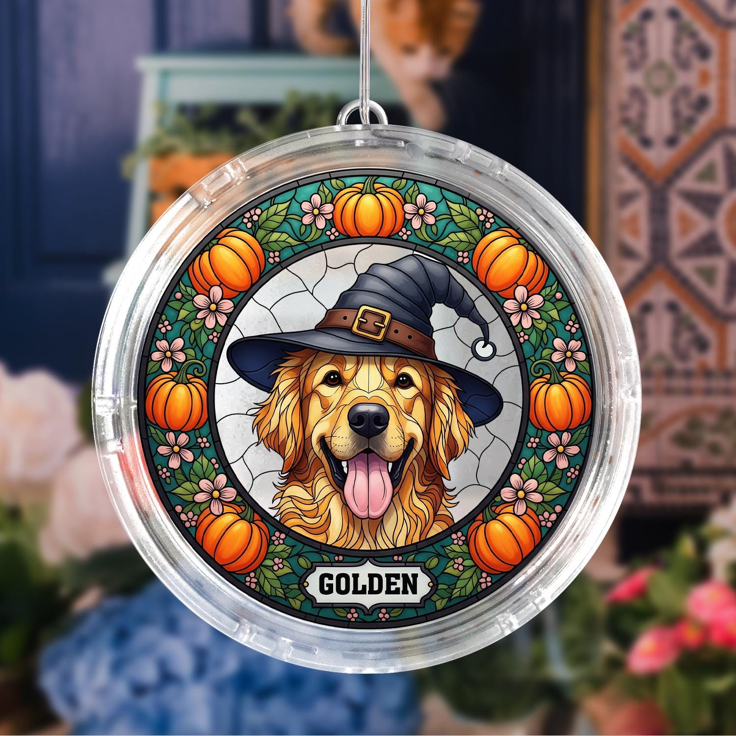 Halloween LED Hanging Light with Dog Witch Design | Spooky Window or Porch Decor | Fall Pumpkin Lantern for Dog Lovers Home Decoration