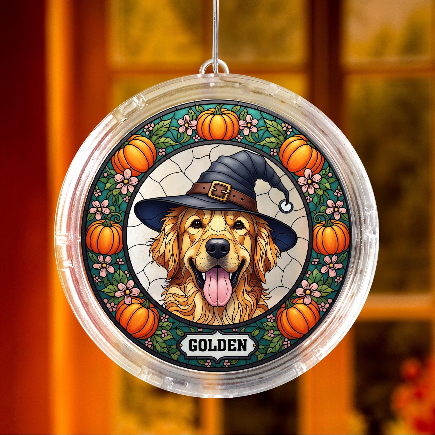 Halloween LED Hanging Light with Dog Witch Design | Spooky Window or Porch Decor | Fall Pumpkin Lantern for Dog Lovers Home Decoration