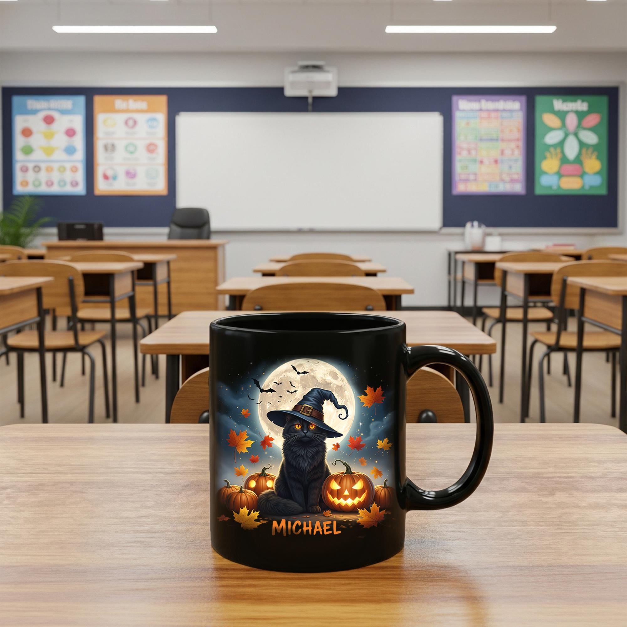 Personalized Halloween Cat Mug | Custom Name Coffee Cup with Black Cat, Pumpkins and Moon | Spooky Fall Gift for Cat Lovers