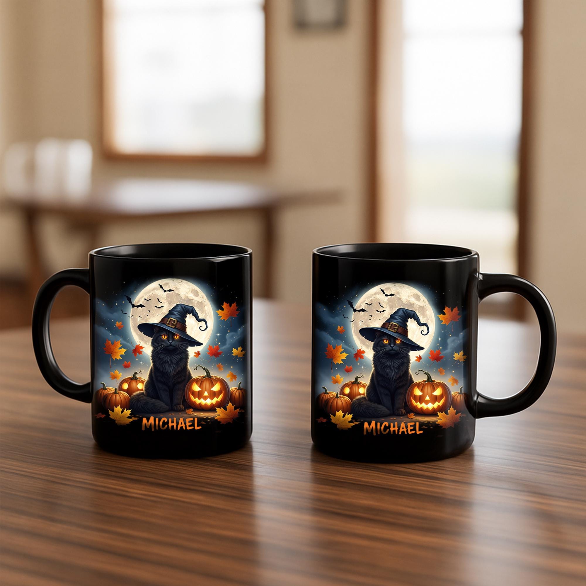 Personalized Halloween Cat Mug | Custom Name Coffee Cup with Black Cat, Pumpkins and Moon | Spooky Fall Gift for Cat Lovers